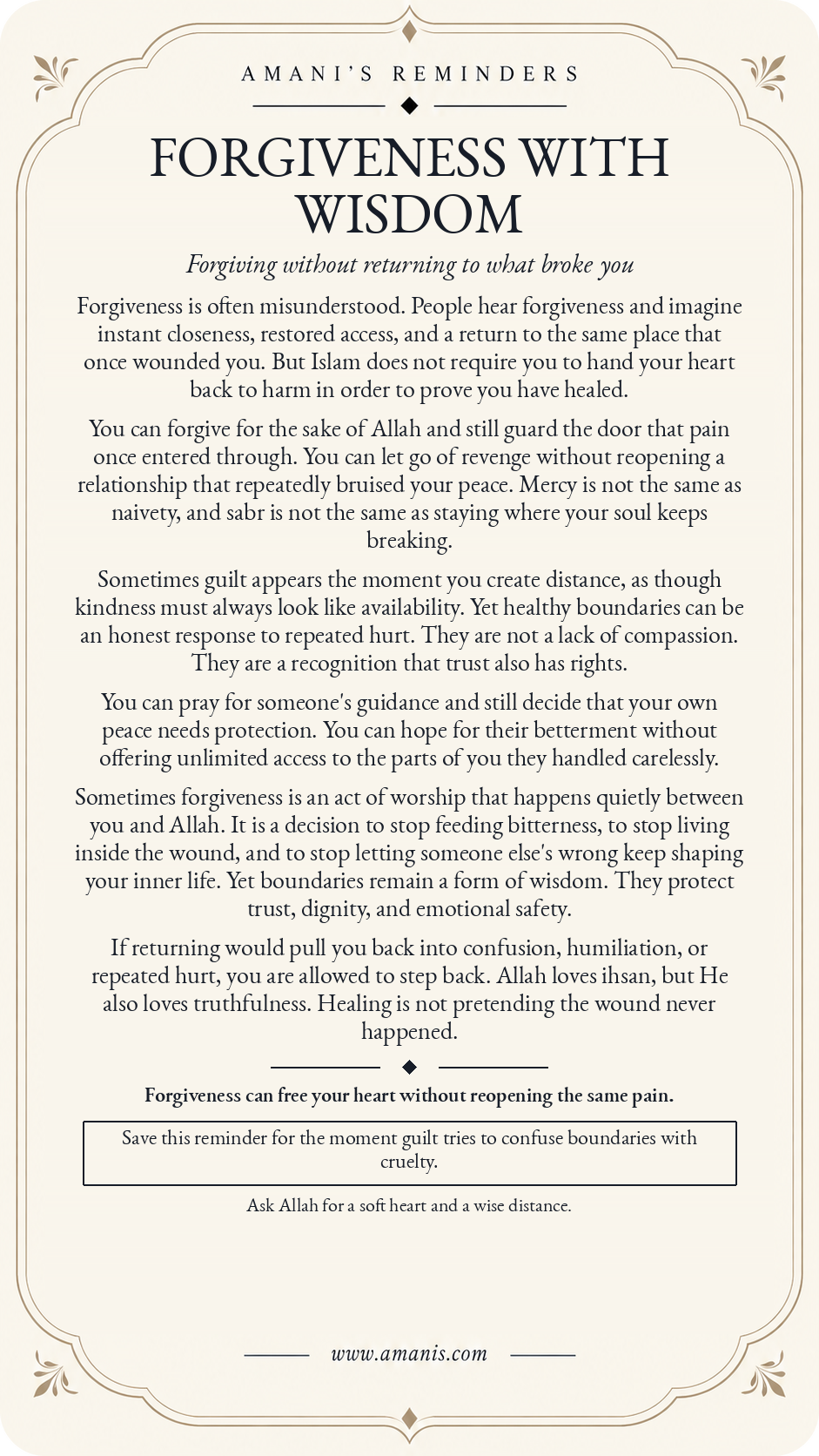 Amani's Reminders cream and gold Islamic poster, Forgiveness with Wisdom, about forgiving for Allah's sake while keeping wise boundaries from repeated harm.