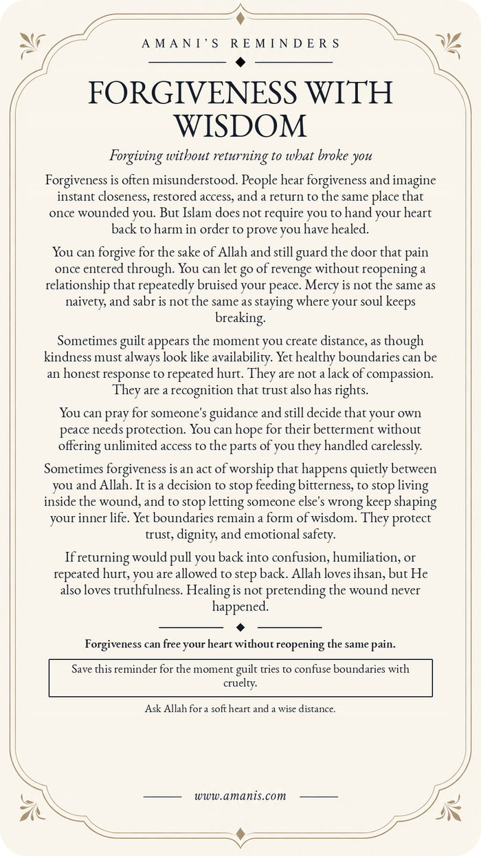 Amani's Reminders cream and gold Islamic poster, Forgiveness with Wisdom, about forgiving for Allah's sake while keeping wise boundaries from repeated harm.