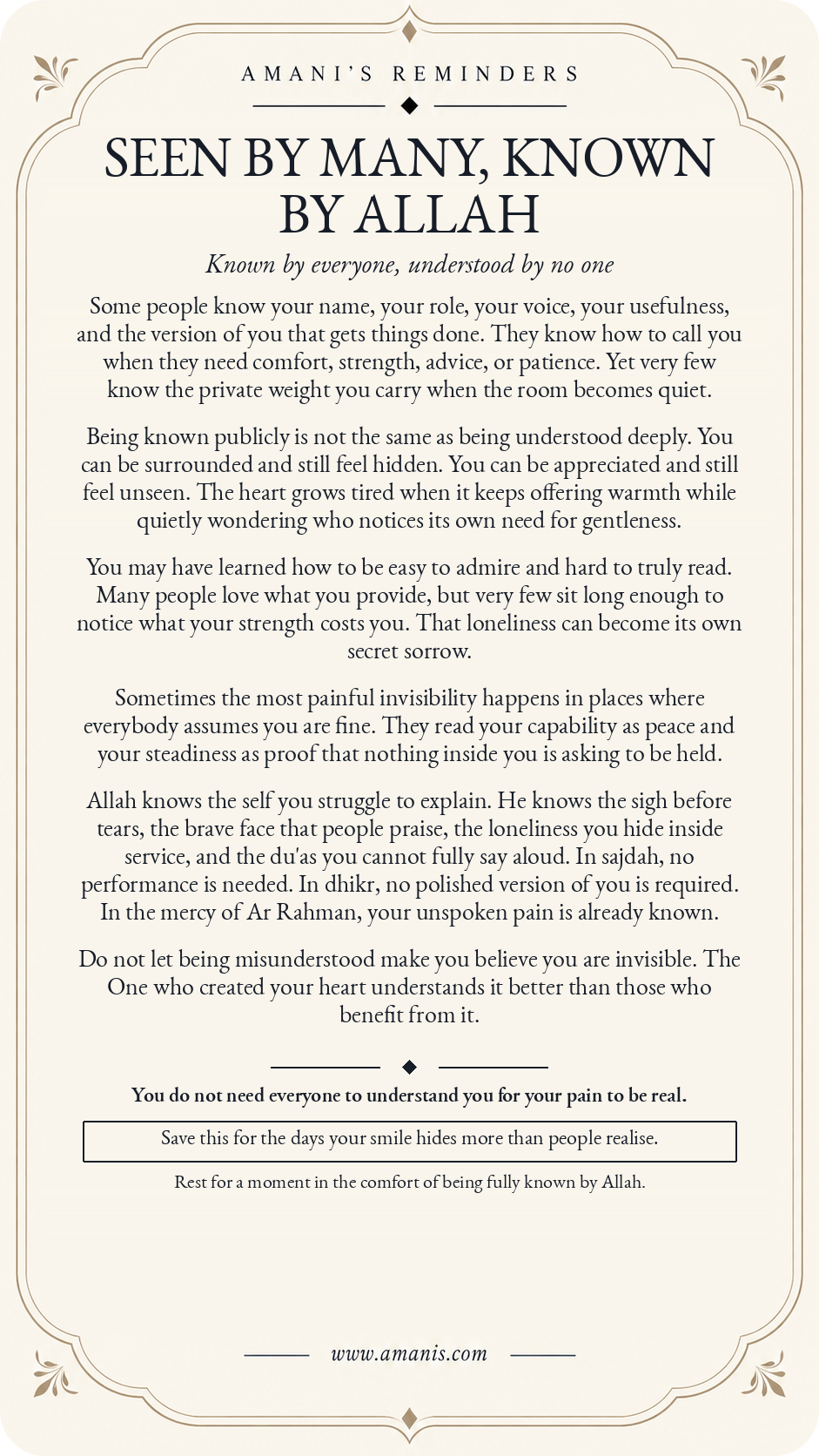 Amani's Reminders cream and gold Islamic poster, Seen by Many, Known by Allah, for feeling surrounded yet deeply misunderstood and finding comfort in Allah's knowledge.