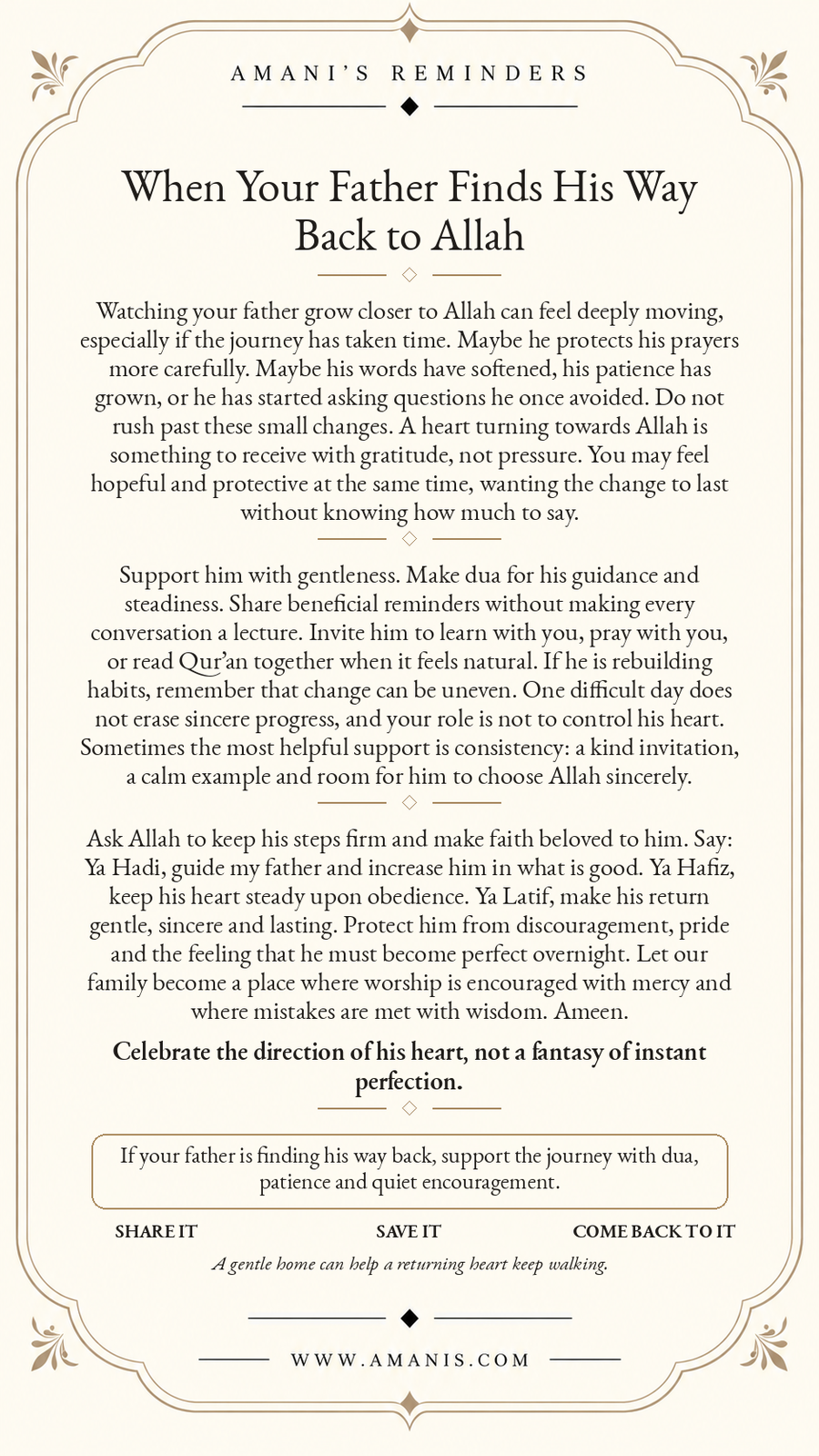 Amani's Reminders artwork about supporting a father who is finding his way back to Allah with dua, patience and gentle encouragement.