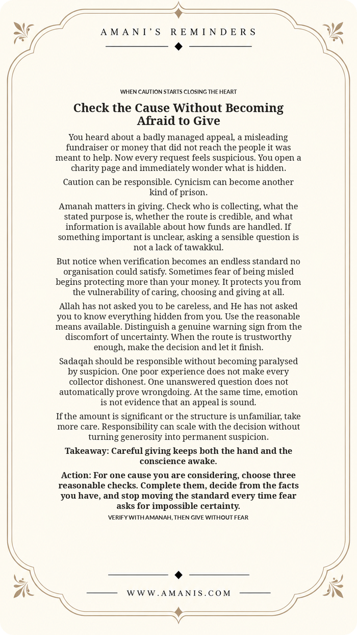 Amani’s Reminders artwork about verifying a charitable cause with amanah and tawakkul without letting one bad experience turn careful giving into permanent suspicion.