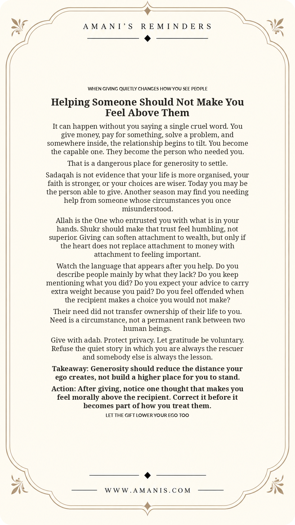 Amani’s Reminders artwork about giving sadaqah without superiority, using shukr, adab and humility to protect the dignity of the person receiving help.