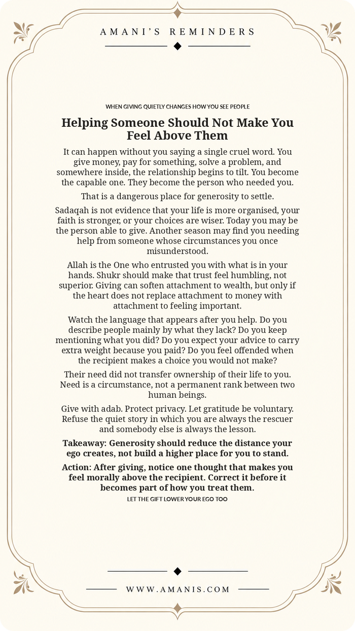 Amani’s Reminders artwork about giving sadaqah without superiority, using shukr, adab and humility to protect the dignity of the person receiving help.