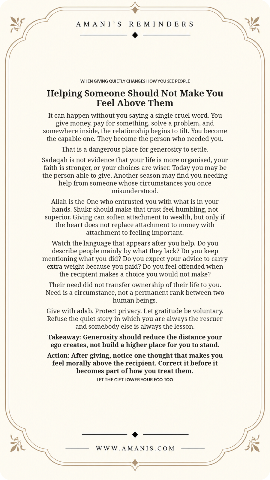 Amani’s Reminders artwork about giving sadaqah without superiority, using shukr, adab and humility to protect the dignity of the person receiving help.