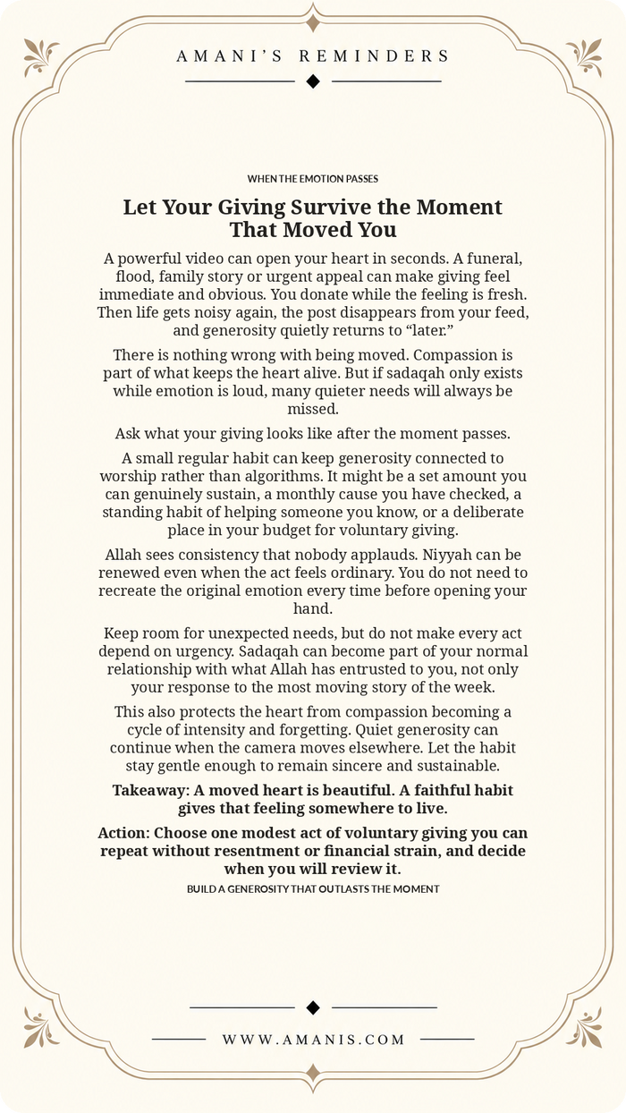 Amani’s Reminders artwork about turning a moment of compassion into sustainable sadaqah through small, consistent and sincere habits of giving.