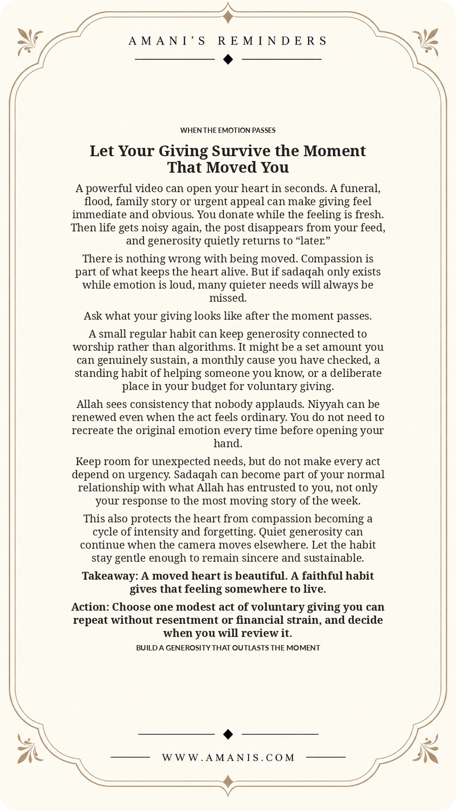 Amani’s Reminders artwork about turning a moment of compassion into sustainable sadaqah through small, consistent and sincere habits of giving.