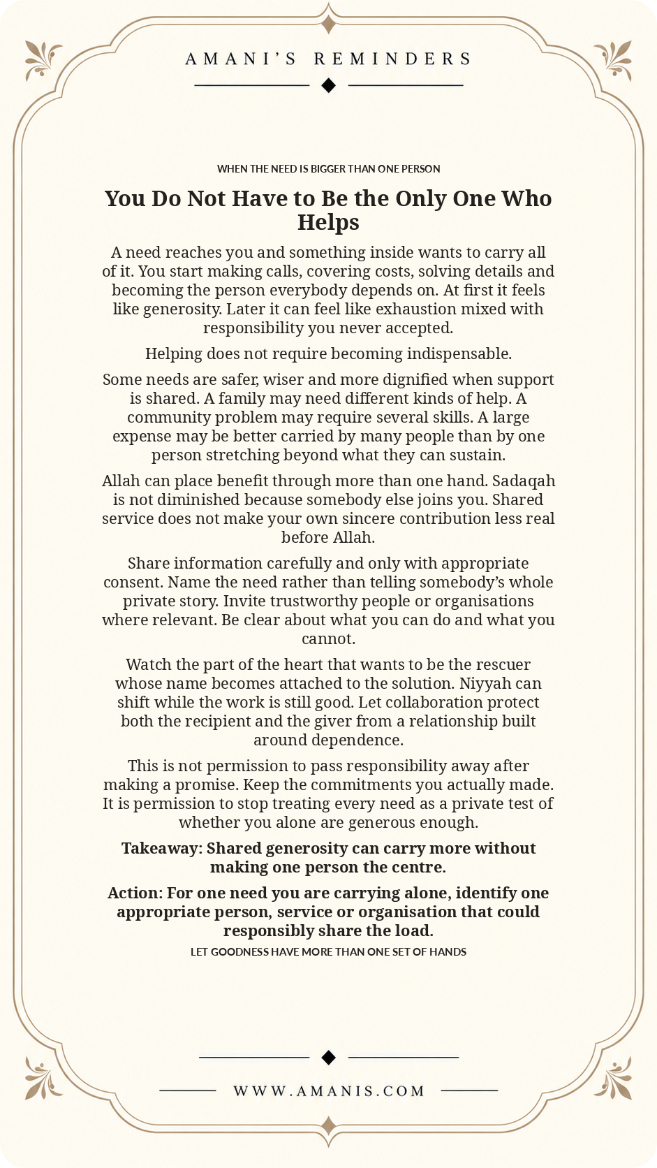 Amani’s Reminders artwork about sharing the load of charity and service, collaborating with trustworthy people so generosity does not require one person to become indispensable.