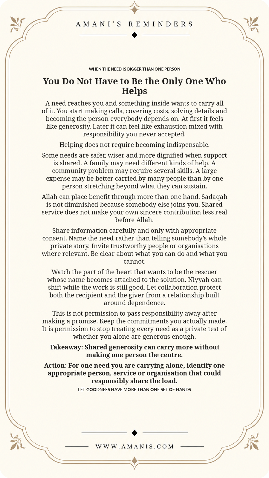 Amani’s Reminders artwork about sharing the load of charity and service, collaborating with trustworthy people so generosity does not require one person to become indispensable.