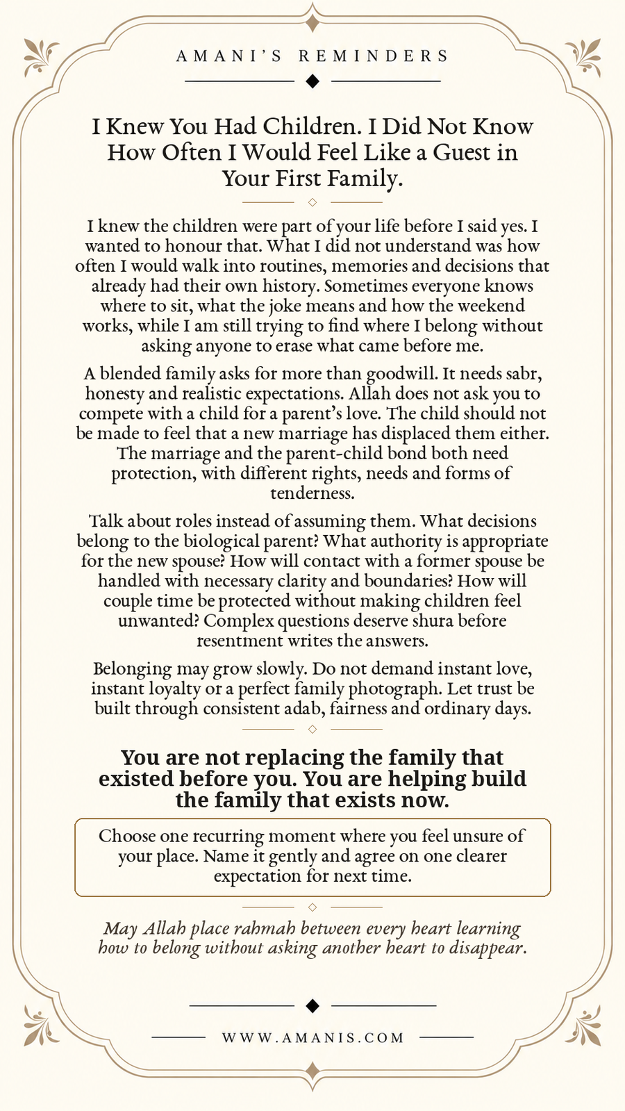 Amani’s Reminders Marriage poster: I Knew You Had Children. I Did Not Know How Often I Would Feel Like a Guest in Your First Family.