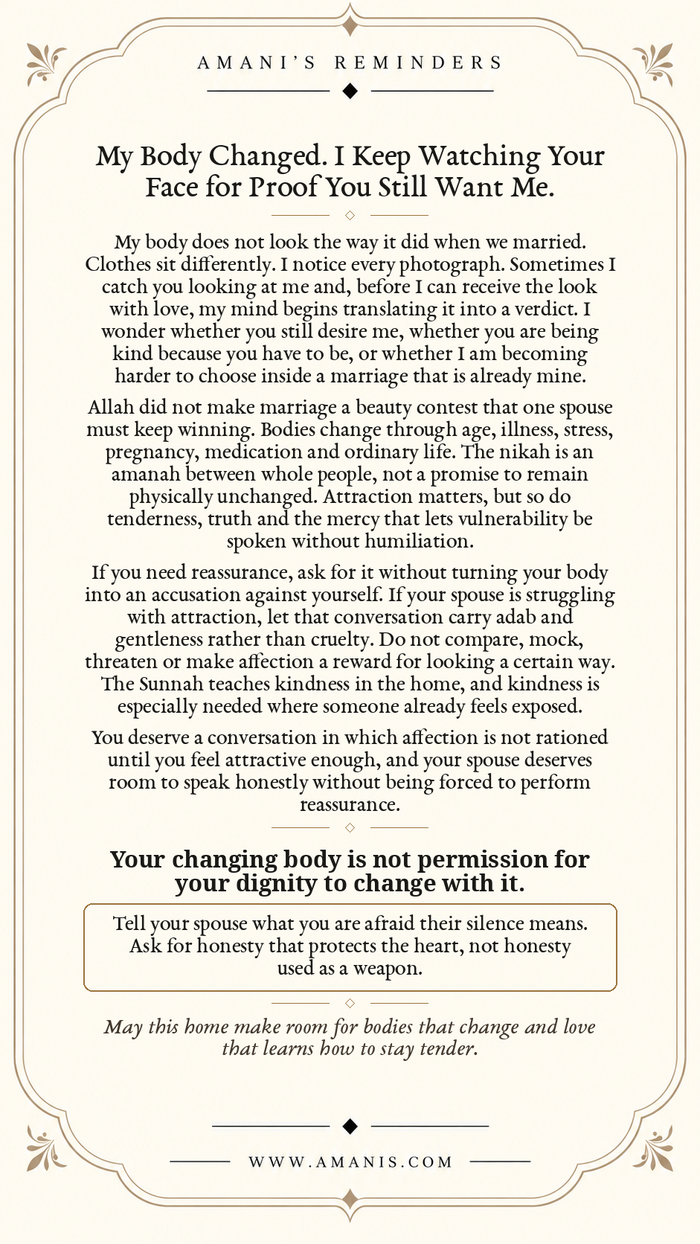 Amani’s Reminders Marriage poster: My Body Changed. I Keep Watching Your Face for Proof You Still Want Me.