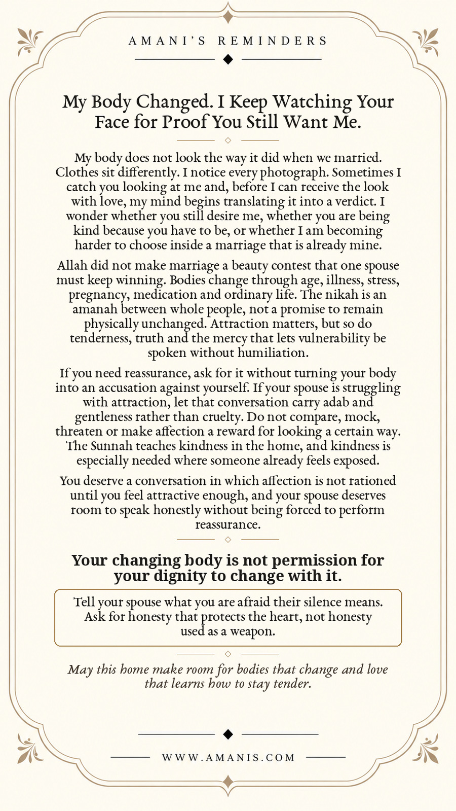 Amani’s Reminders Marriage poster: My Body Changed. I Keep Watching Your Face for Proof You Still Want Me.
