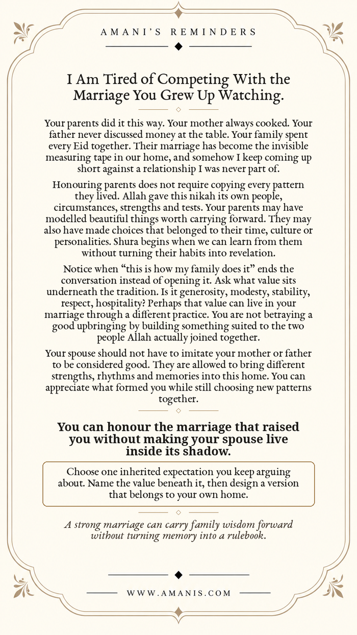 Amani’s Reminders Marriage poster: I Am Tired of Competing With the Marriage You Grew Up Watching.