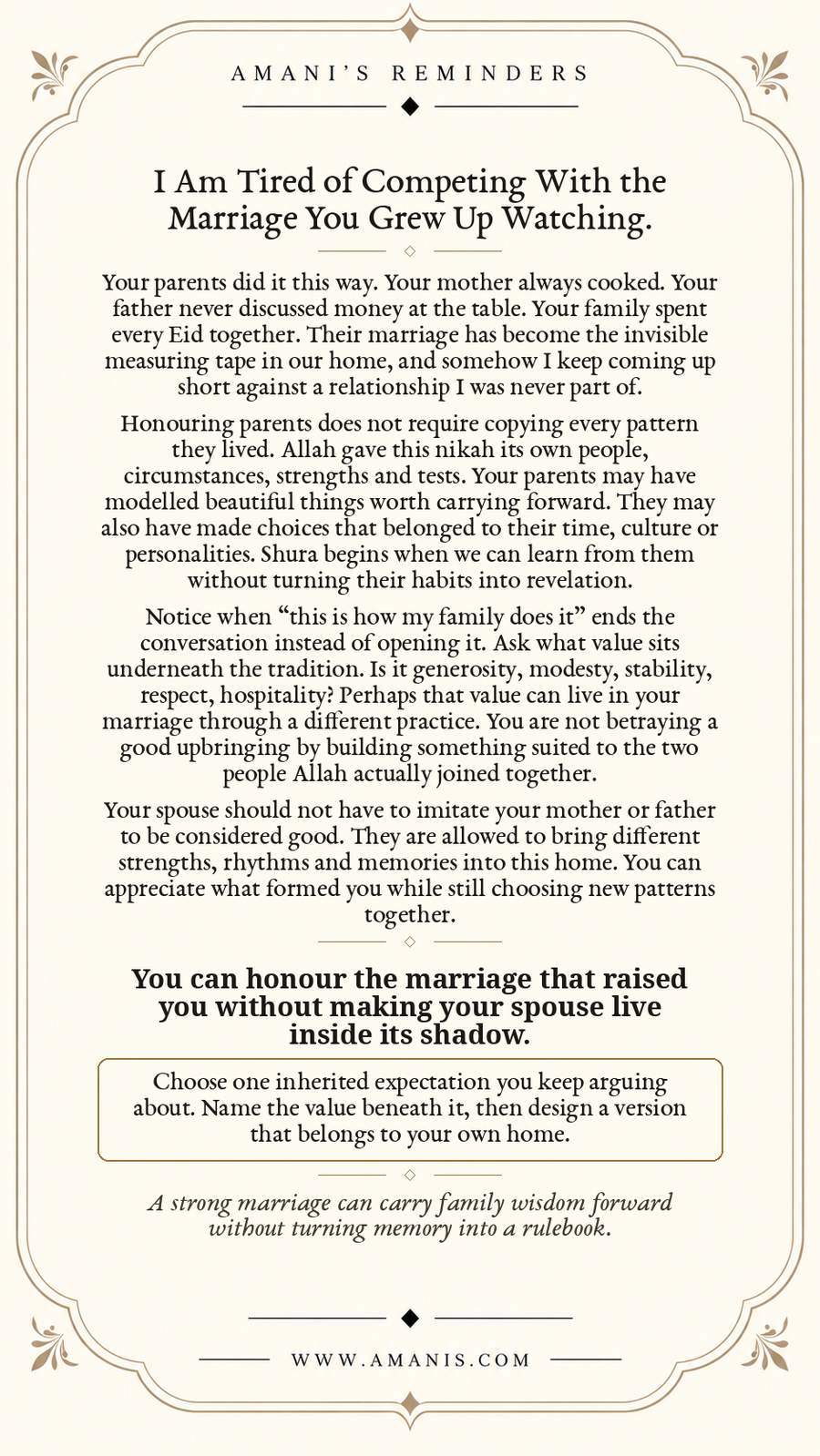 Amani’s Reminders Marriage poster: I Am Tired of Competing With the Marriage You Grew Up Watching.