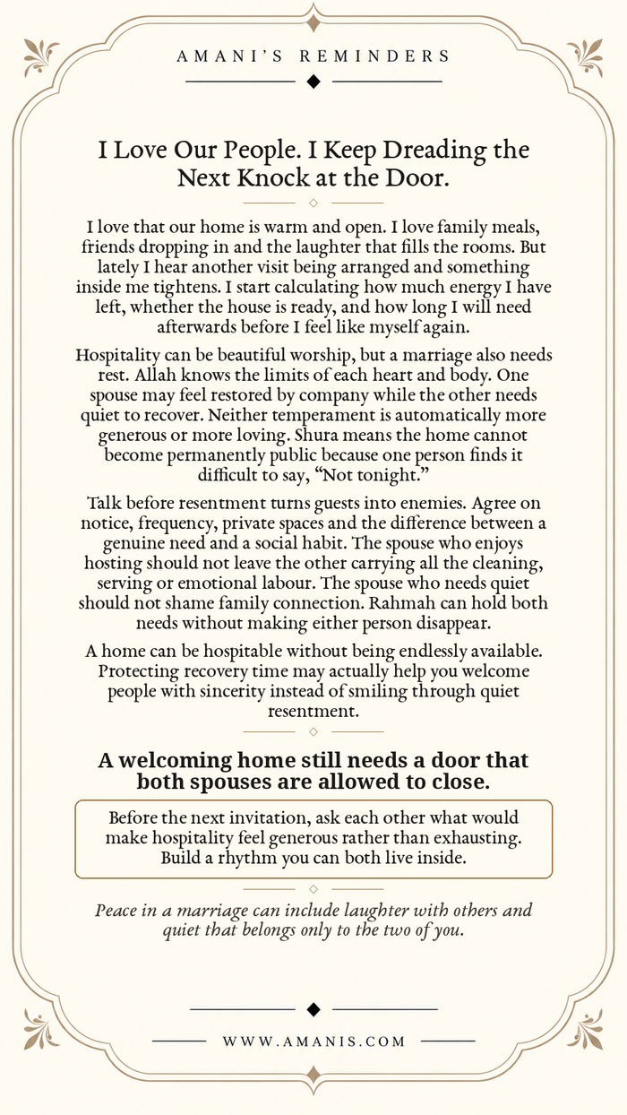 Amani’s Reminders Marriage poster: I Love Our People. I Keep Dreading the Next Knock at the Door.