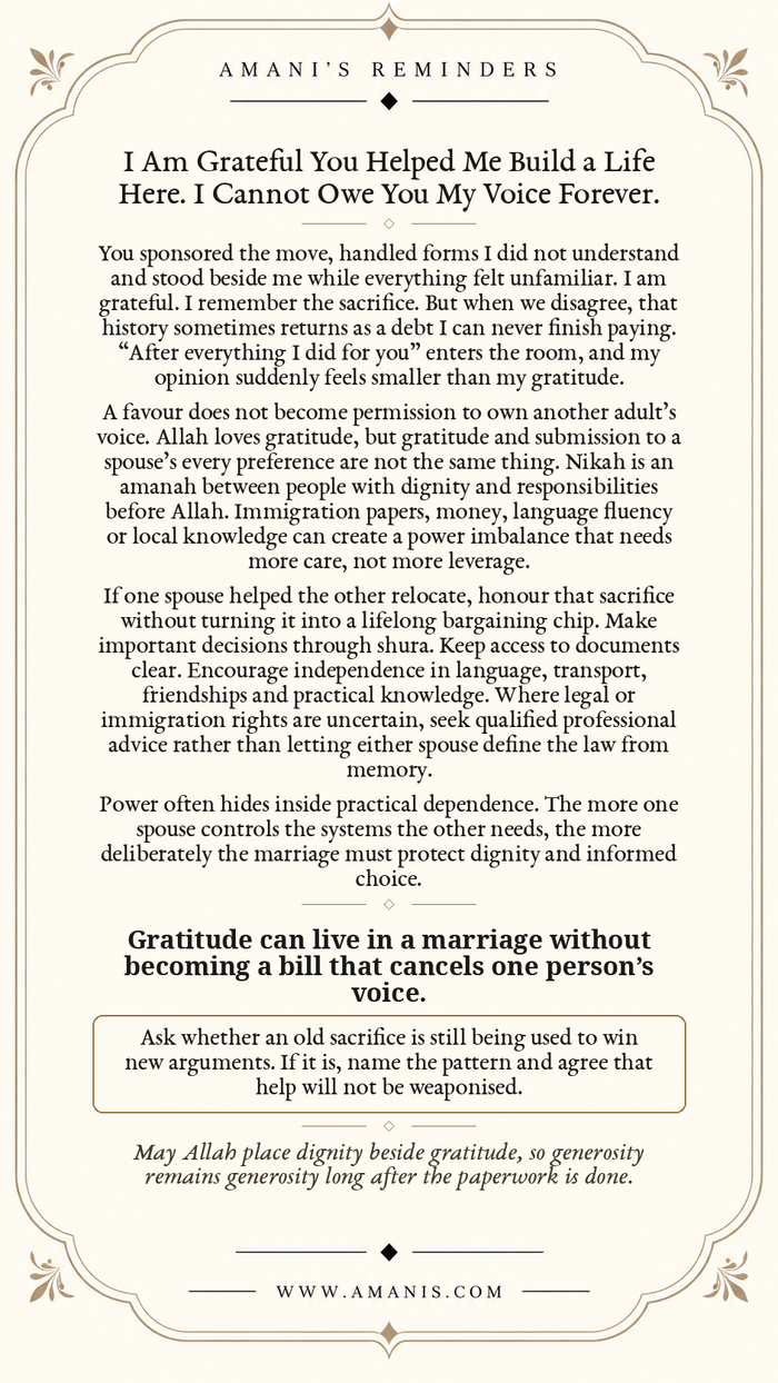 Amani’s Reminders Marriage poster: I Am Grateful You Helped Me Build a Life Here. I Cannot Owe You My Voice Forever.