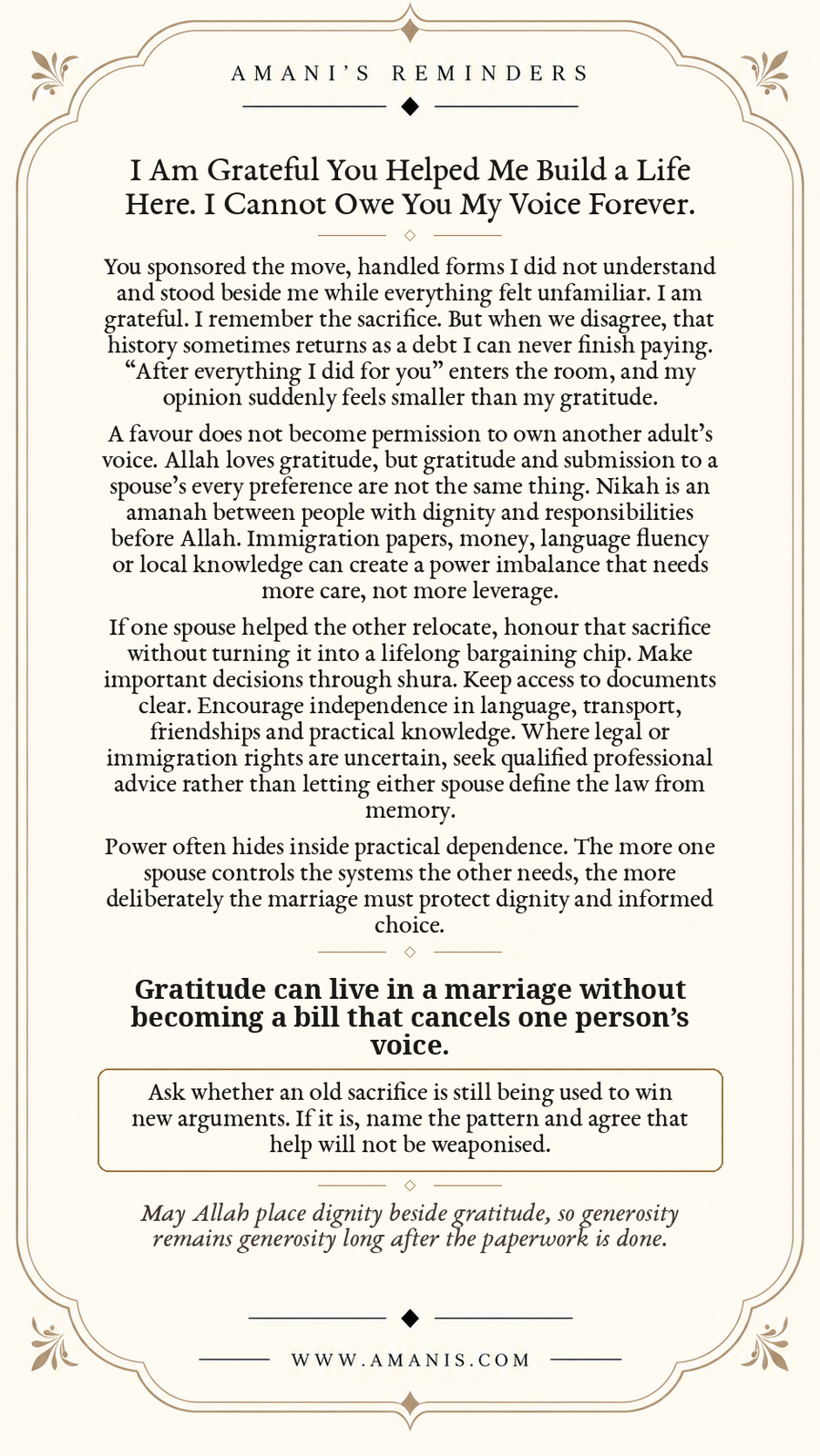 Amani’s Reminders Marriage poster: I Am Grateful You Helped Me Build a Life Here. I Cannot Owe You My Voice Forever.