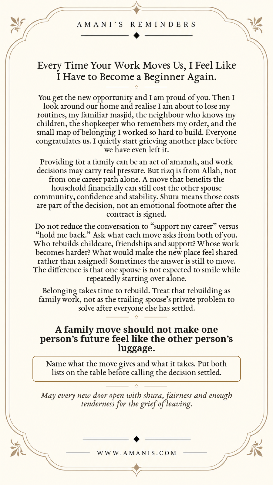 Amani’s Reminders Marriage poster: Every Time Your Work Moves Us, I Feel Like I Have to Become a Beginner Again.