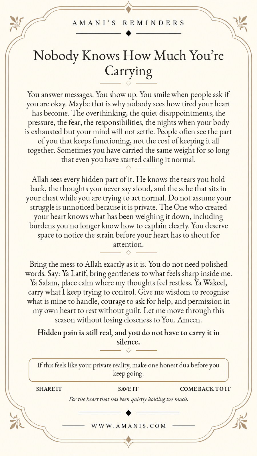Amani's Reminders artwork for hidden emotional burdens, overwhelm and bringing what feels heavy back to Allah.