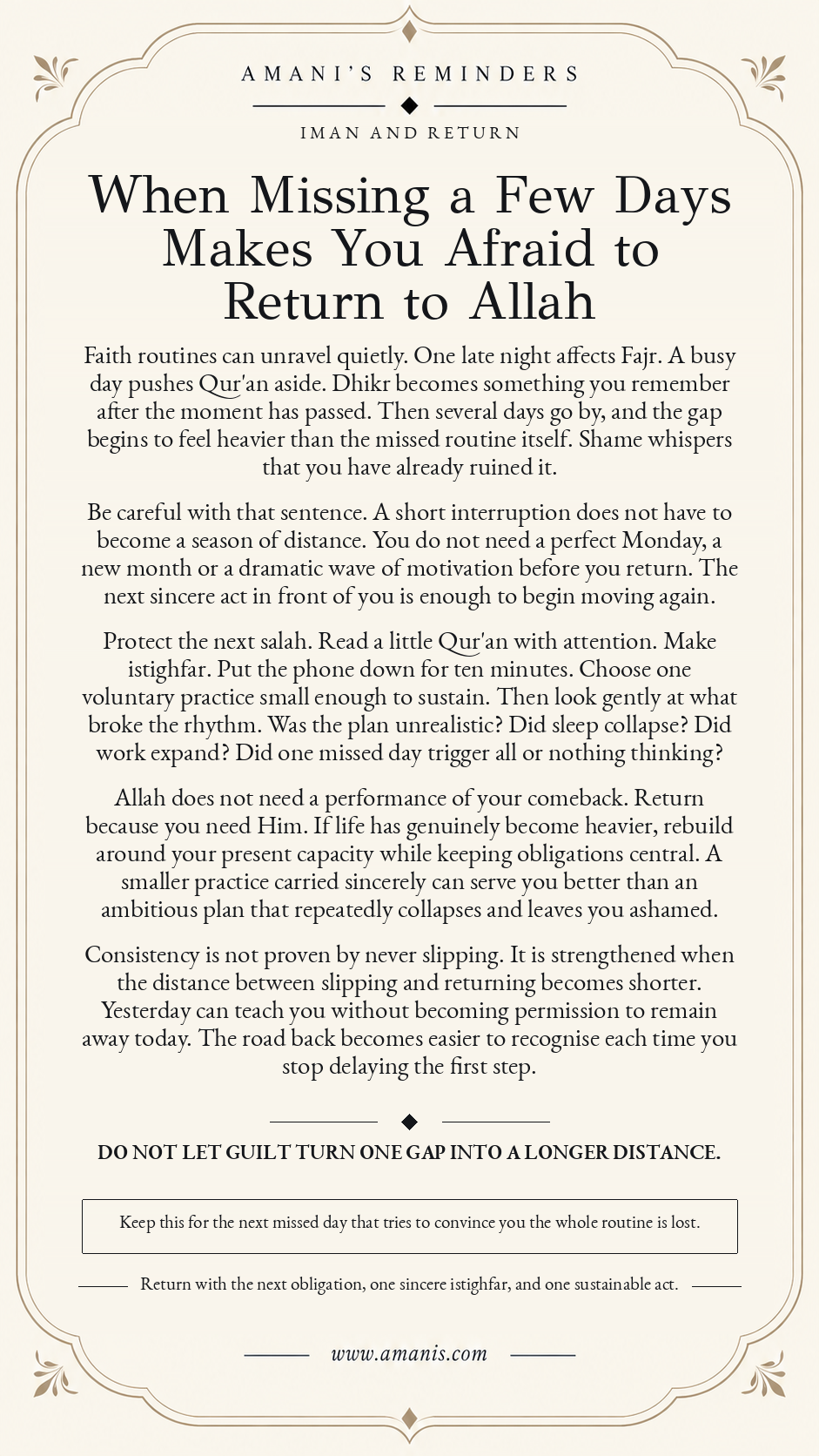 Amani's Islamic reminder about returning to salah, Qur'an and dhikr after an inconsistent week.