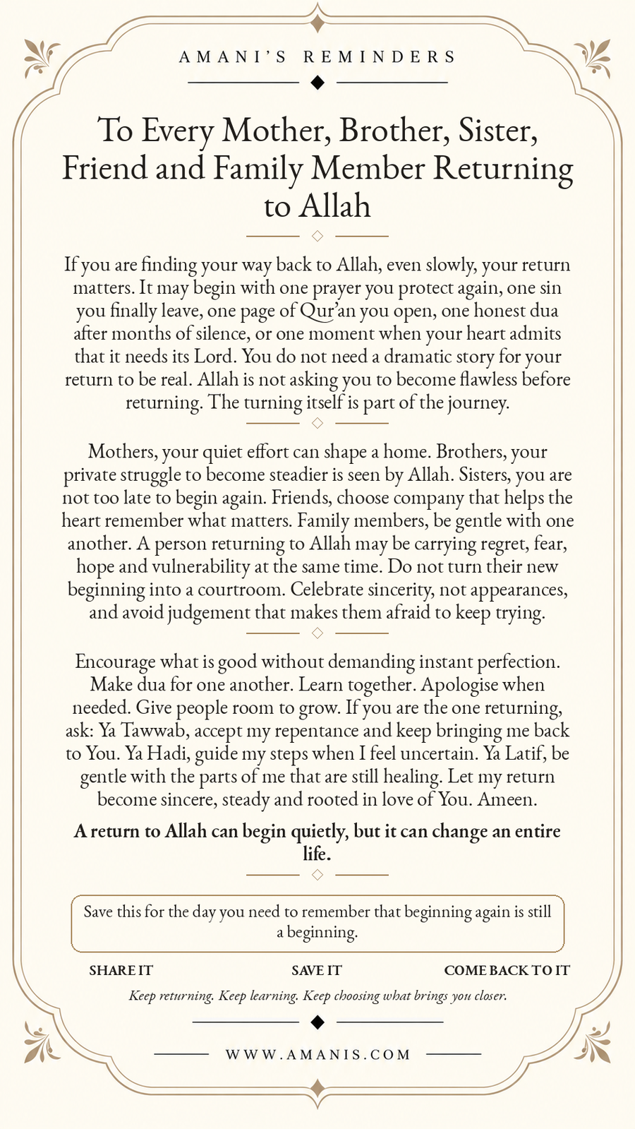 Amani's Reminders artwork encouraging mothers, brothers, sisters, friends and family members who are returning sincerely to Allah.