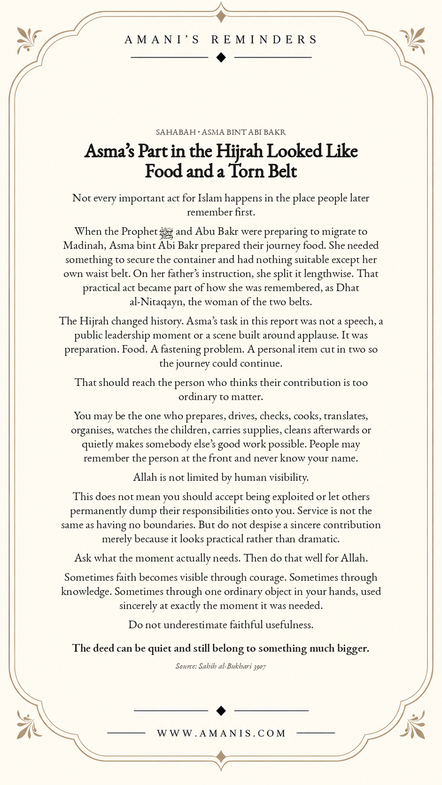 Amani's Reminders Sahabah artwork about Asma bint Abi Bakr preparing journey food for the Hijrah and splitting her belt to secure it.