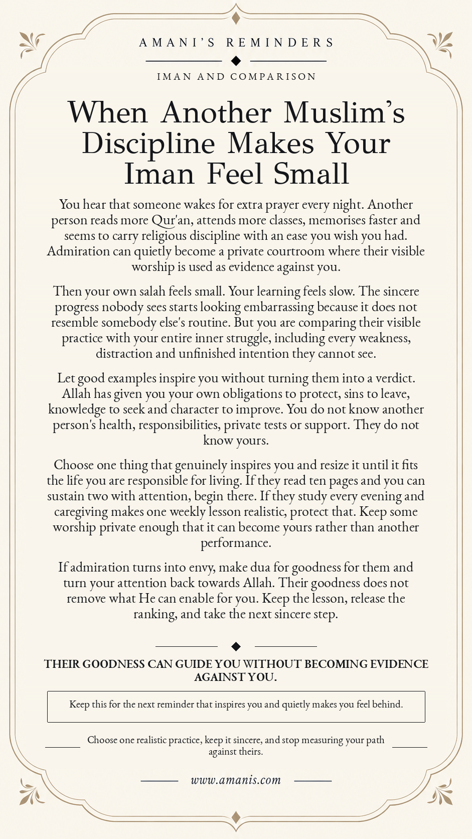Amani's Islamic reminder about spiritual comparison and another Muslim's visible discipline.