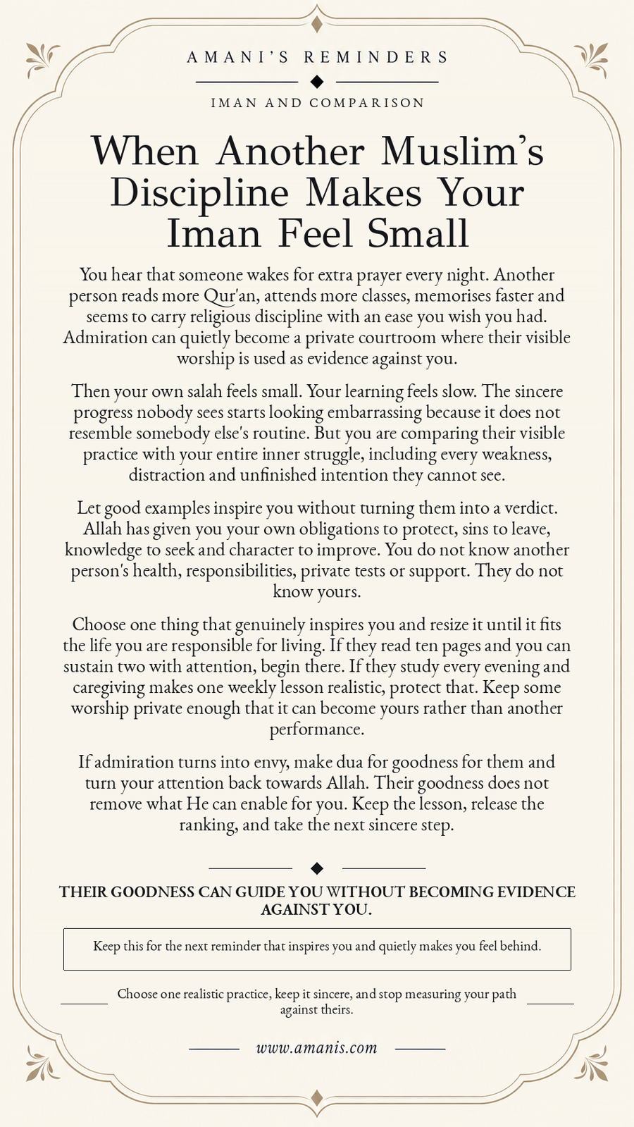 Amani's Islamic reminder about spiritual comparison and another Muslim's visible discipline.