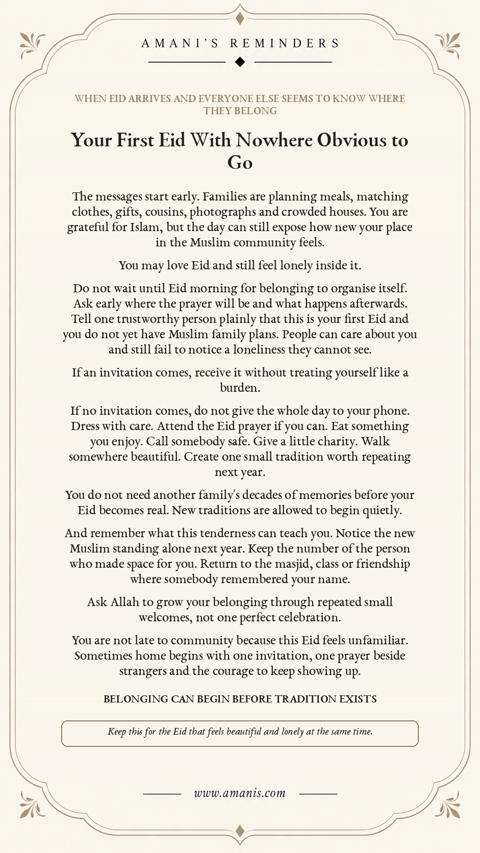 Amani's Reminders artwork for a new Muslim facing a first Eid without familiar family plans or an obvious place to go.