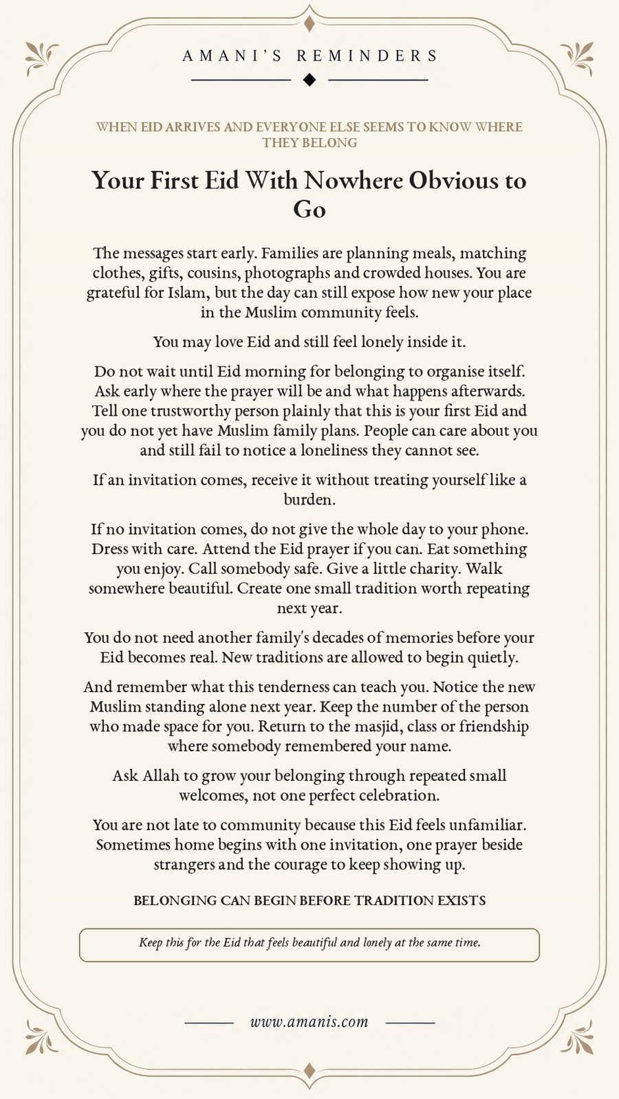 Amani's Reminders artwork for a new Muslim facing a first Eid without familiar family plans or an obvious place to go.