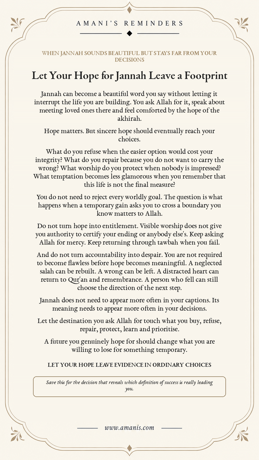 Amani's Reminders artwork about letting hope for Jannah shape everyday choices with humility, repentance and integrity.