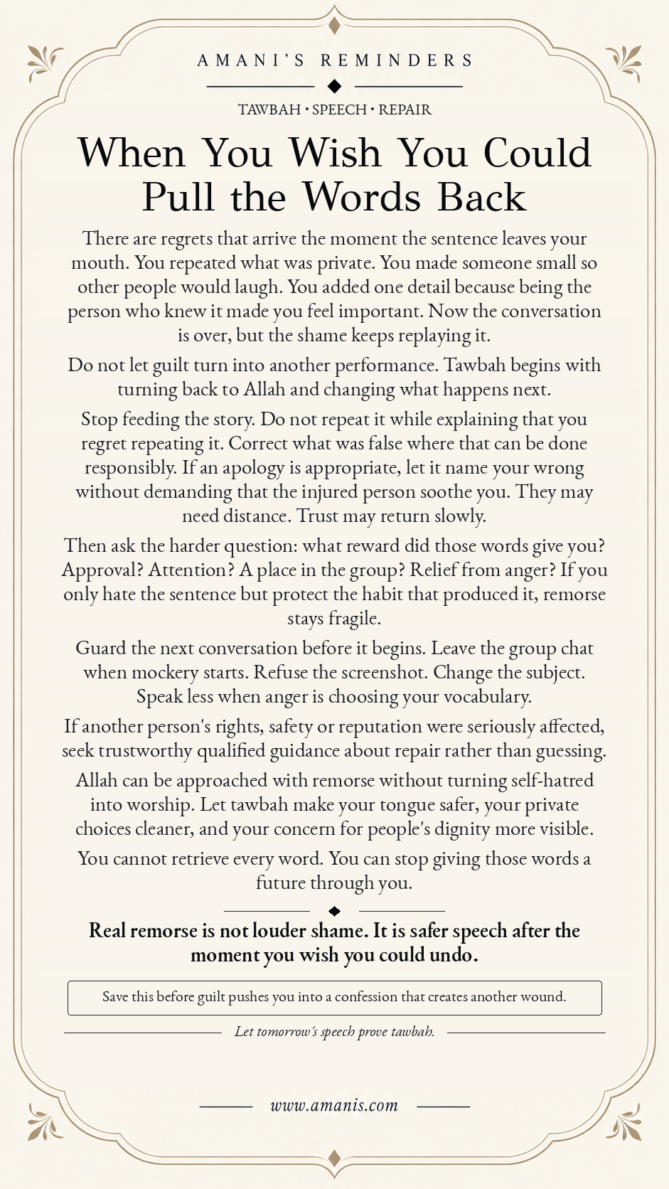 Amani’s Reminders Tawbah reflection on regretting harmful words, repairing wisely and guarding the tongue.