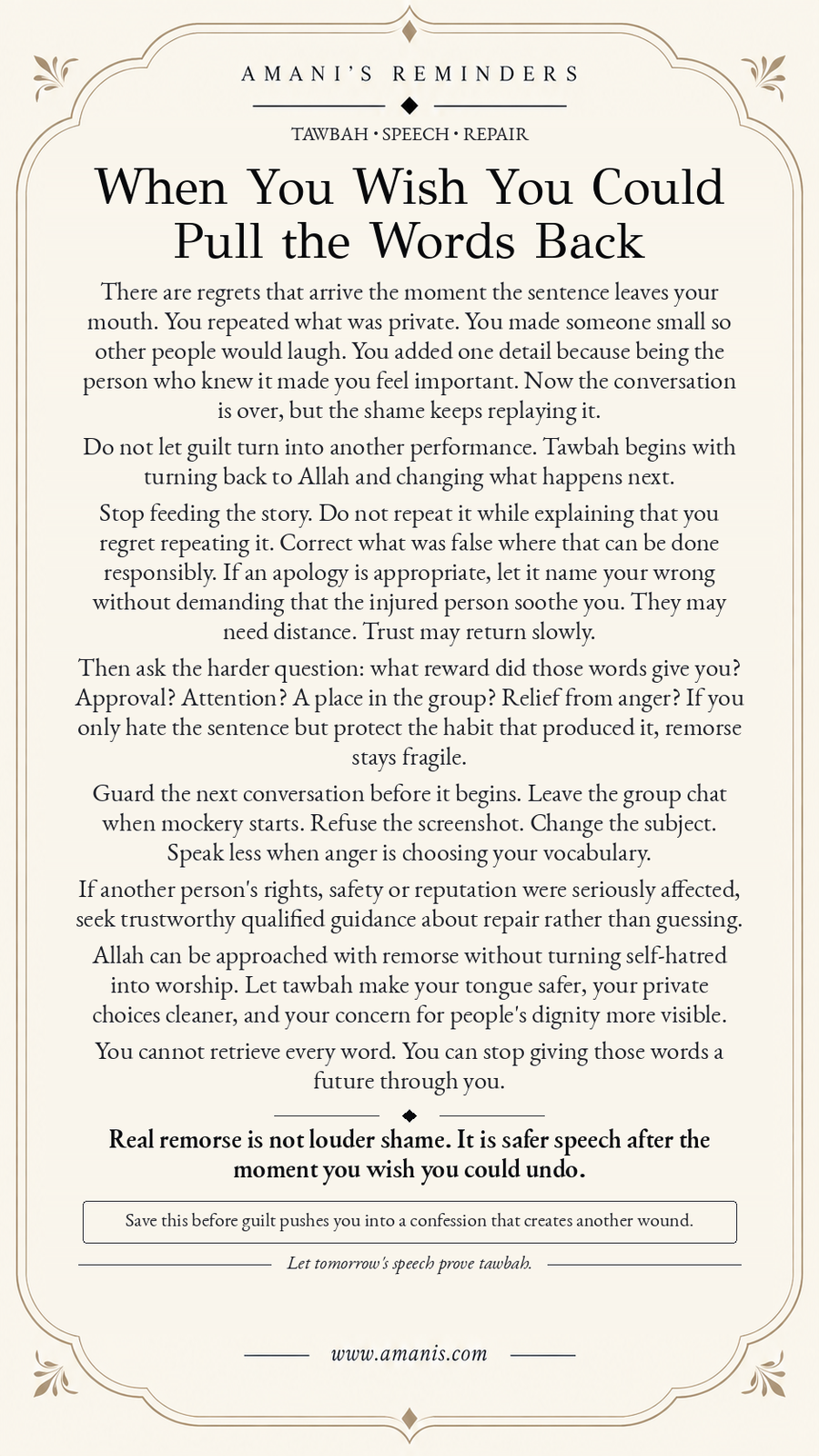 Amani’s Reminders Tawbah reflection on regretting harmful words, repairing wisely and guarding the tongue.