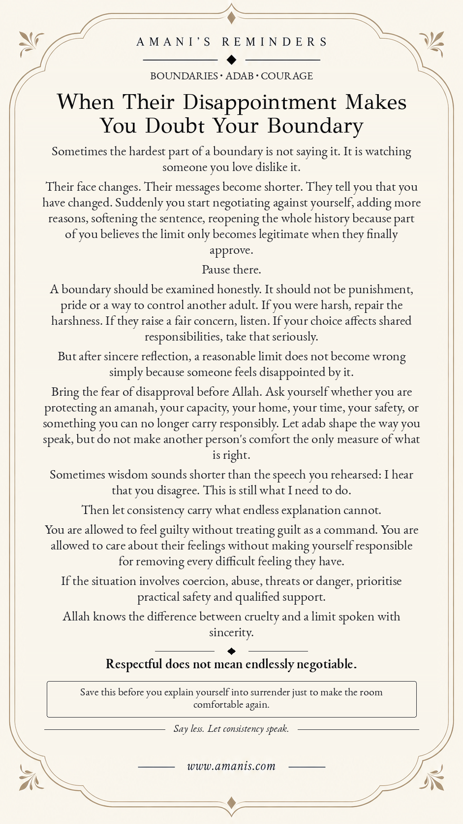 Amani’s Reminders Islamic relationship reflection on keeping a respectful boundary even when someone is disappointed.