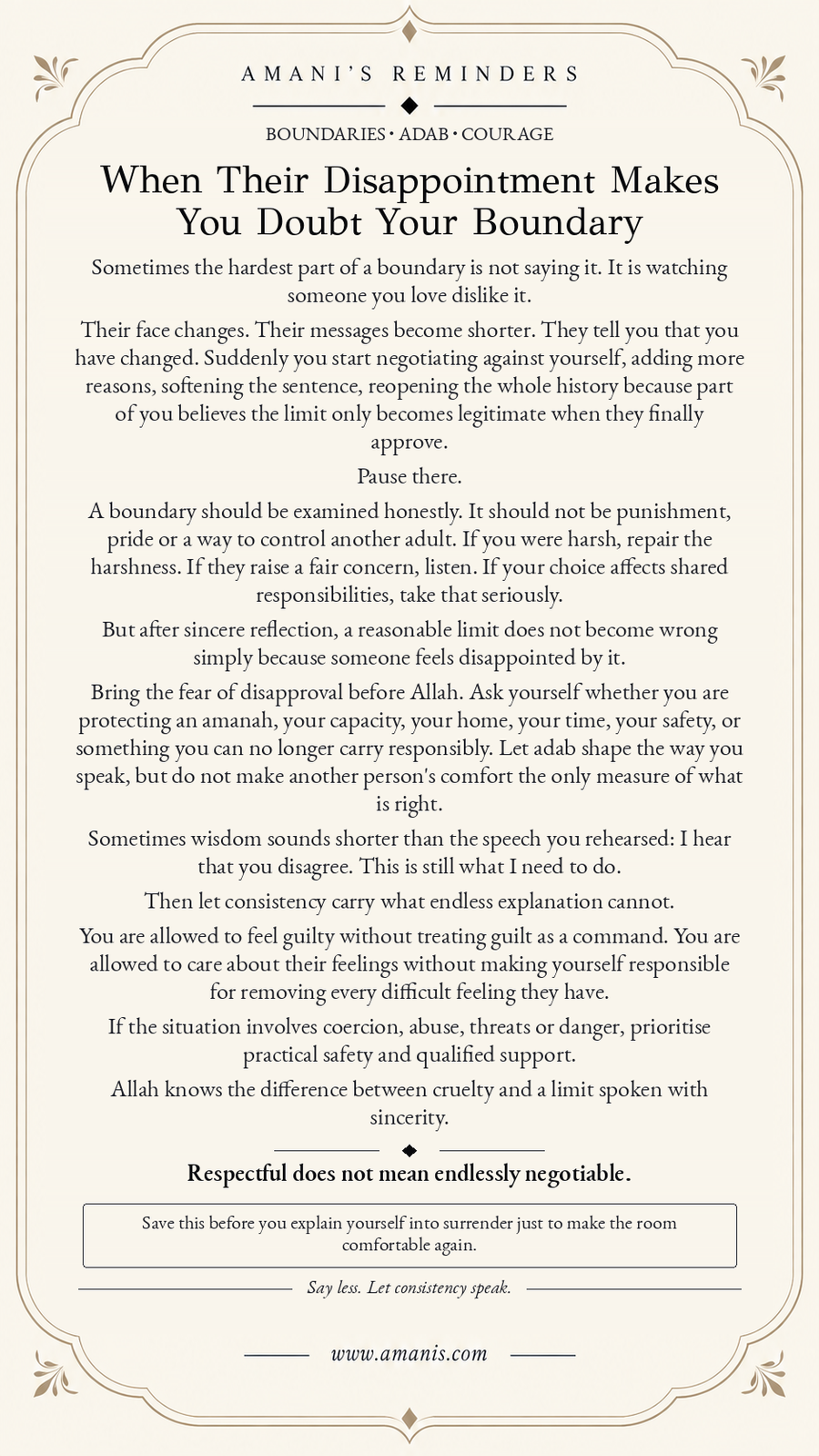 Amani’s Reminders Islamic relationship reflection on keeping a respectful boundary even when someone is disappointed.