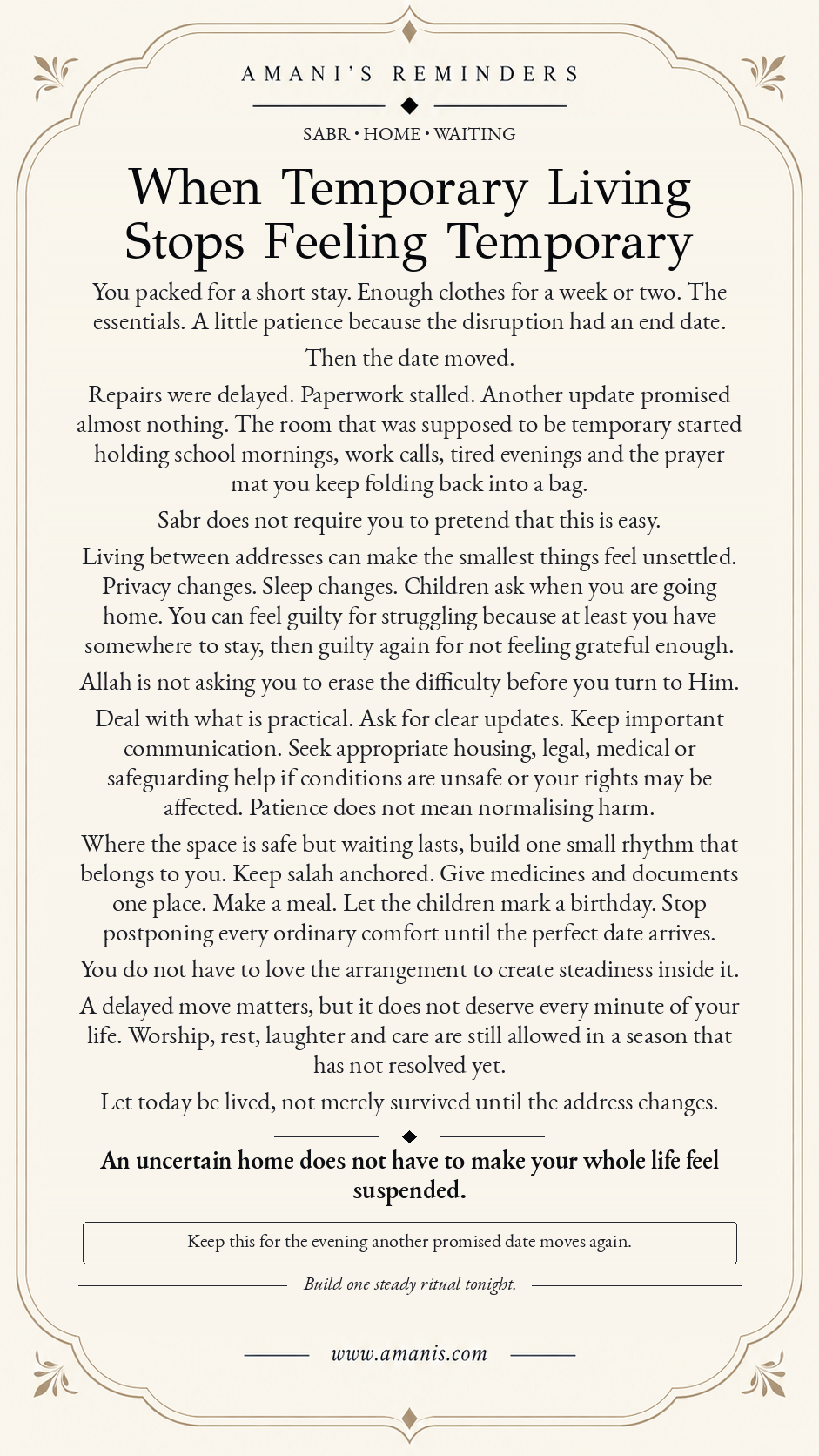 Amani’s Reminders Islamic sabr reflection for prolonged temporary housing, uncertainty and building steadiness while waiting.