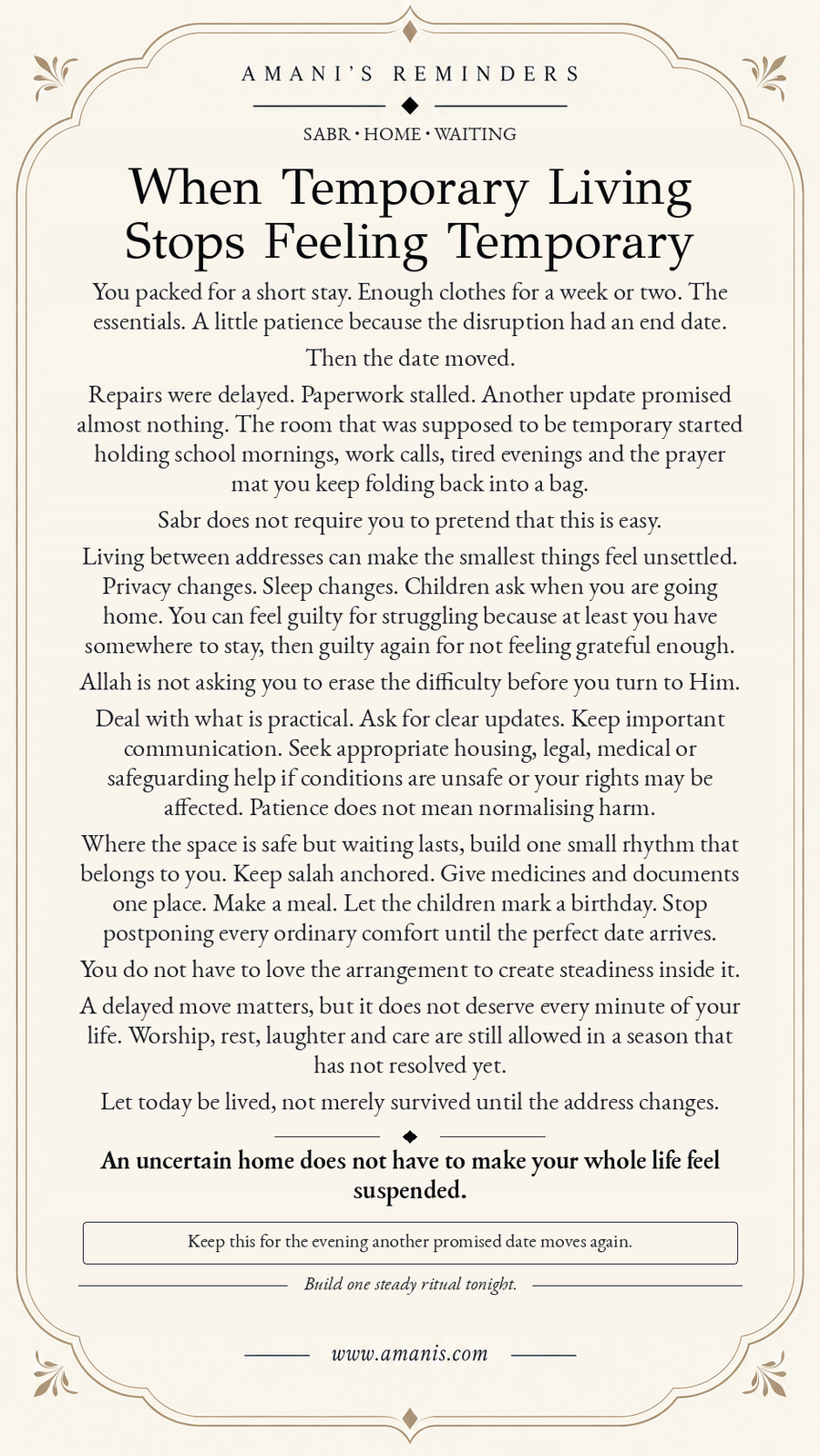 Amani’s Reminders Islamic sabr reflection for prolonged temporary housing, uncertainty and building steadiness while waiting.