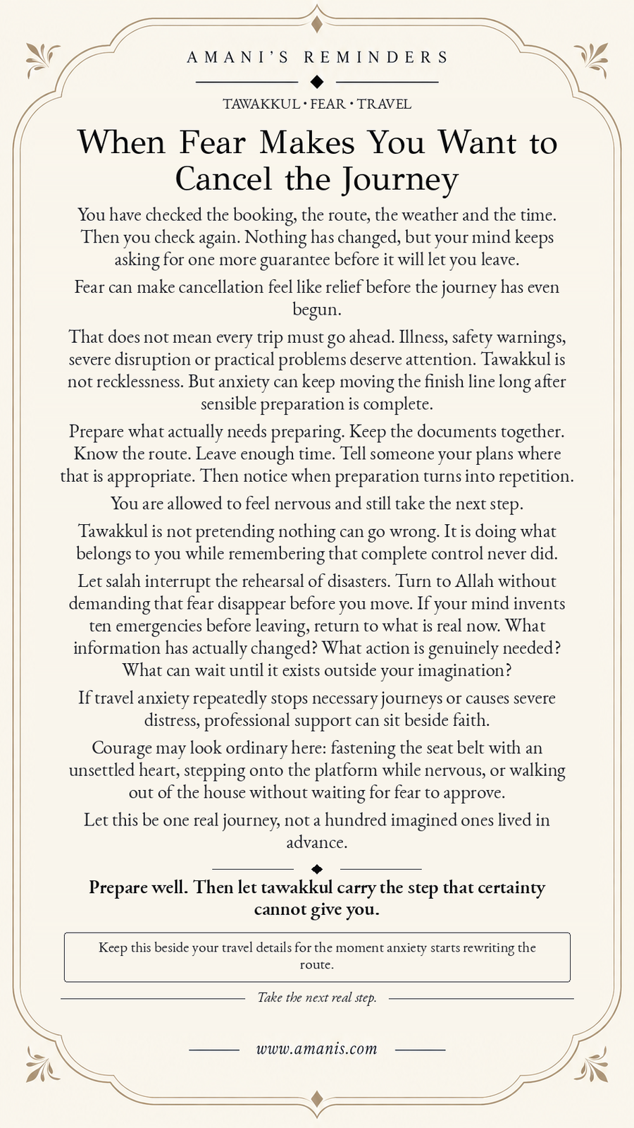 Amani’s Reminders Islamic reflection on travel anxiety, sensible preparation and tawakkul before a journey.
