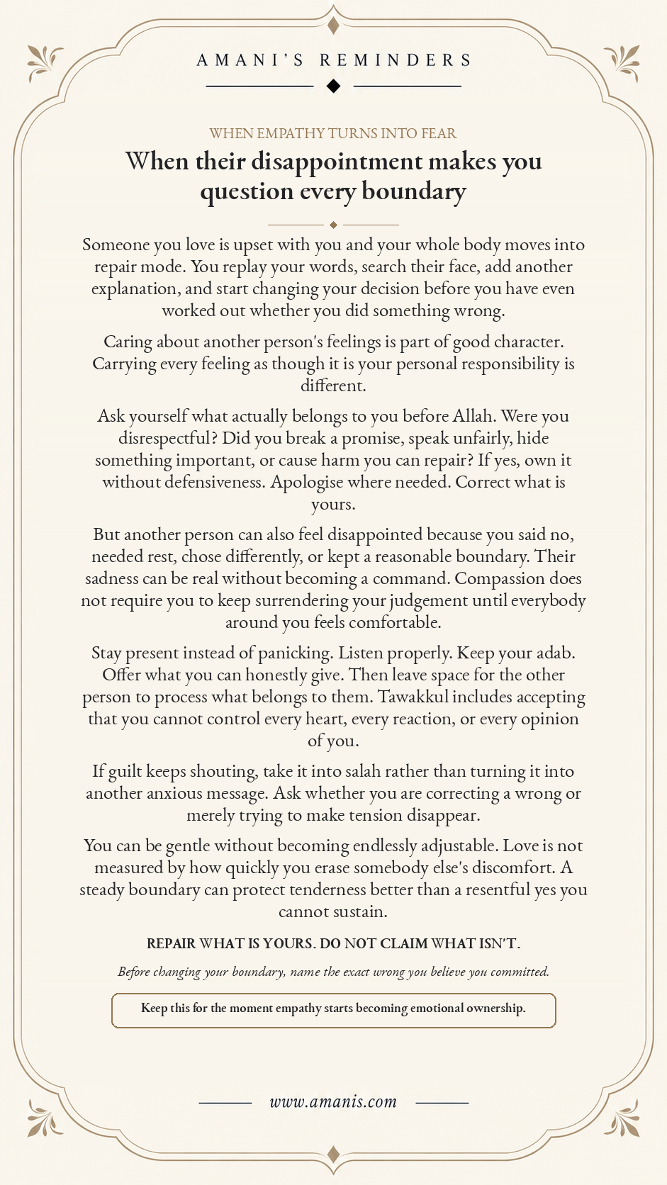 Cream Amani’s Reminders poster about caring for someone’s feelings without surrendering every healthy boundary.