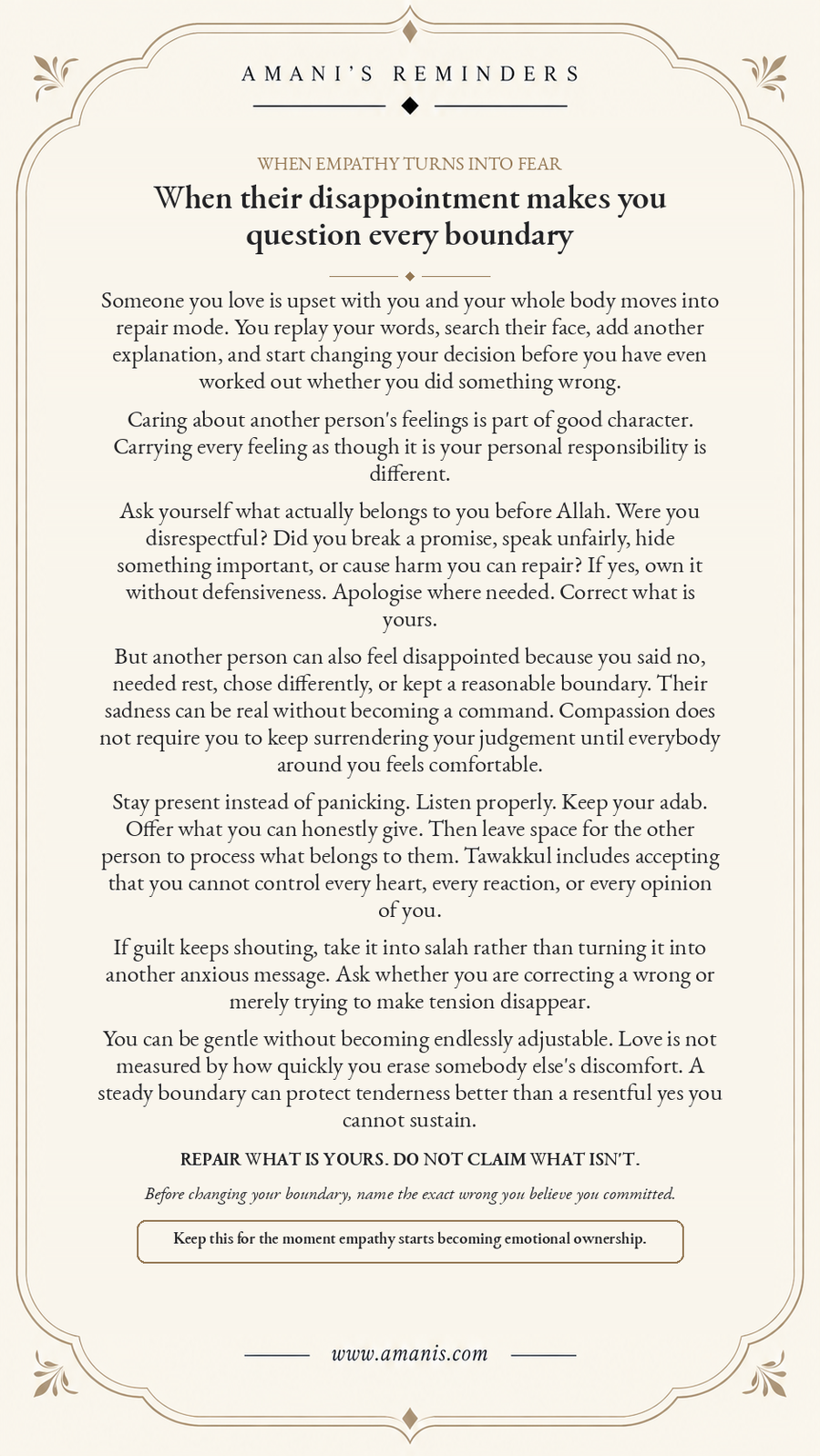 Cream Amani’s Reminders poster about caring for someone’s feelings without surrendering every healthy boundary.