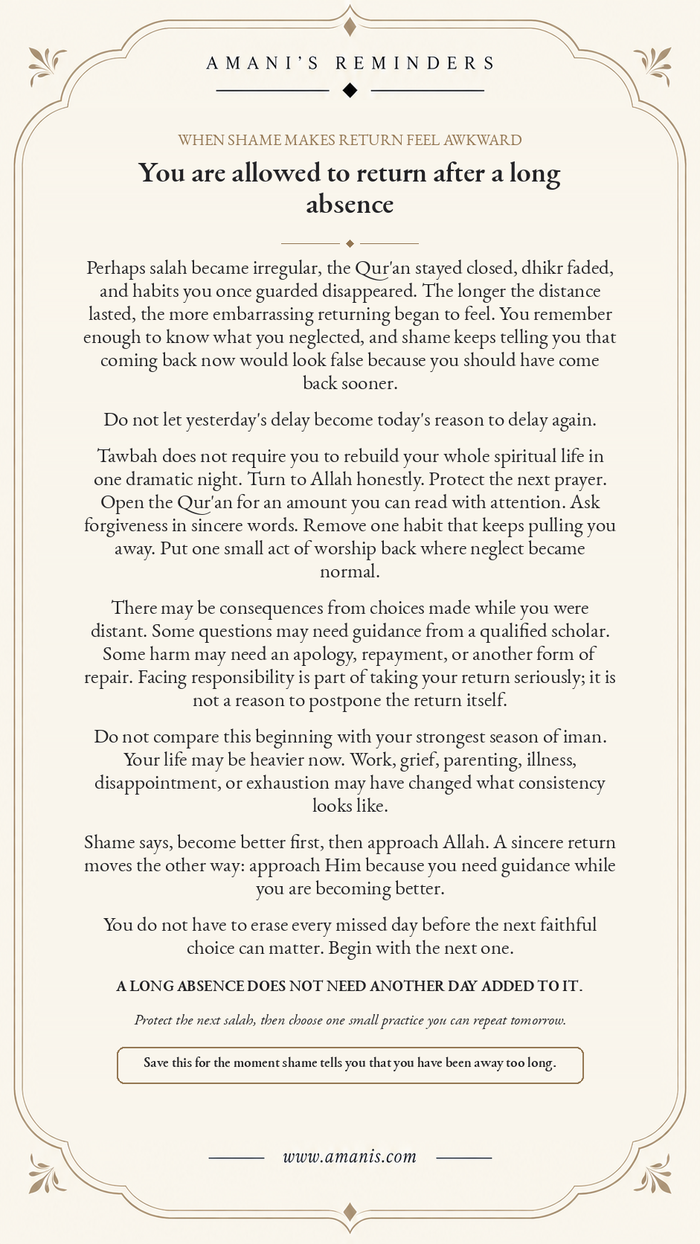 Cream Amani’s Reminders poster about returning to Allah after a long absence from worship.