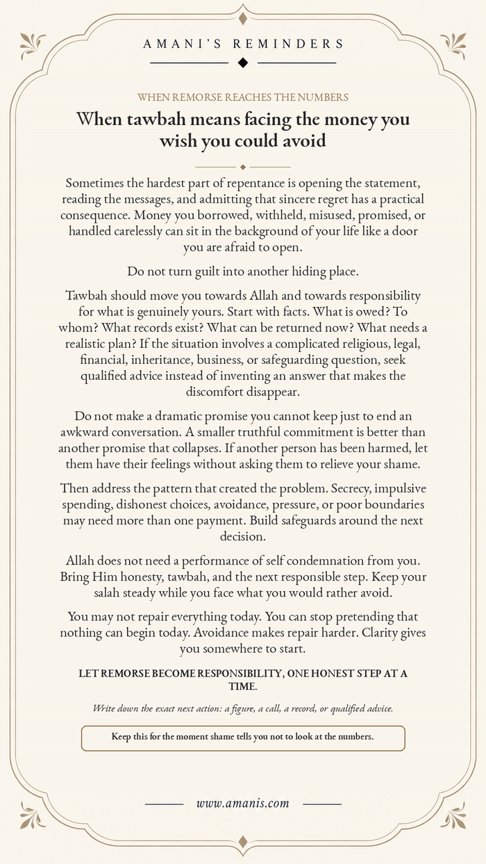 Cream Amani’s Reminders poster about tawbah for financial wrongdoing and turning remorse into practical repair.