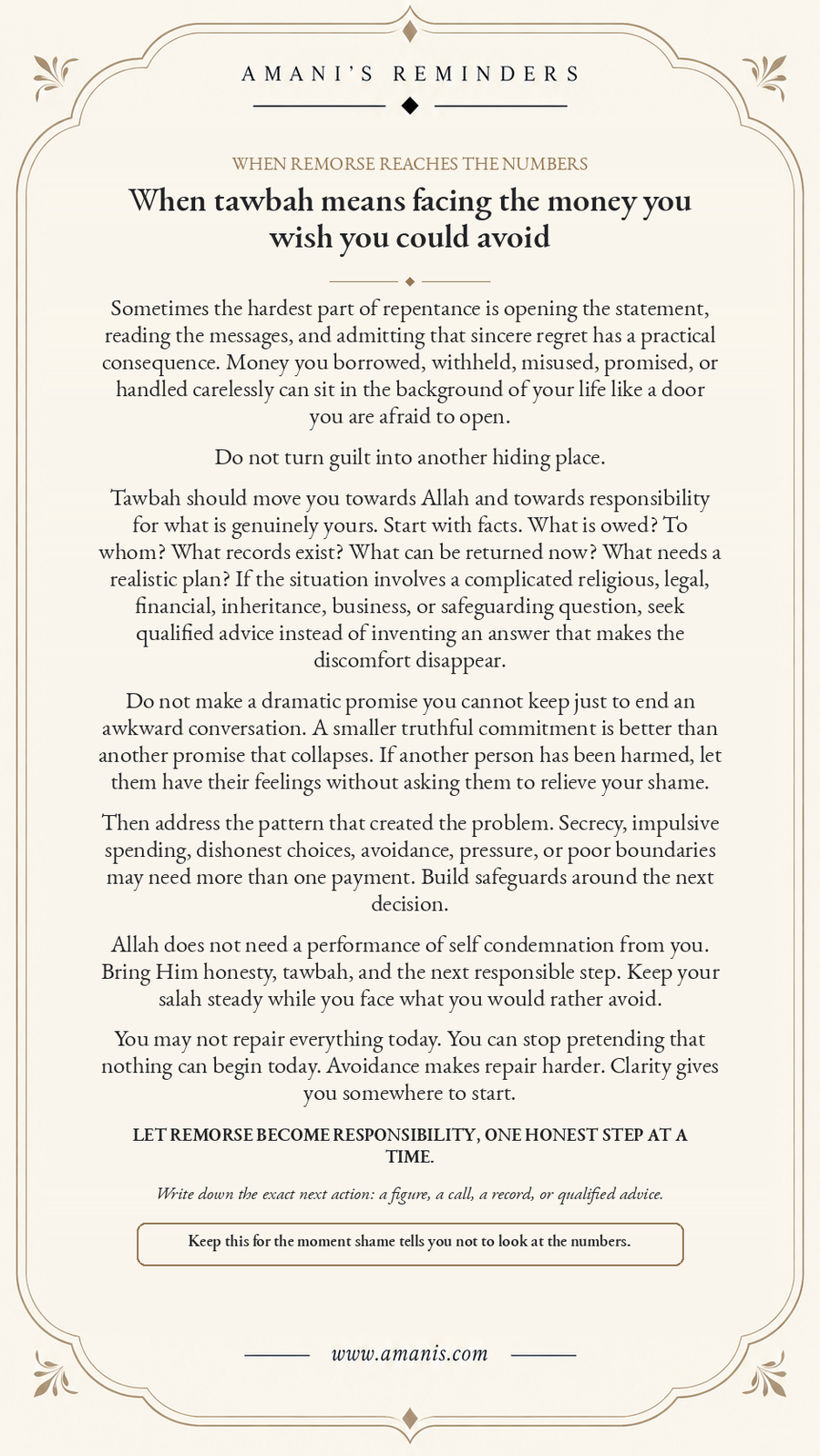 Cream Amani’s Reminders poster about tawbah for financial wrongdoing and turning remorse into practical repair.