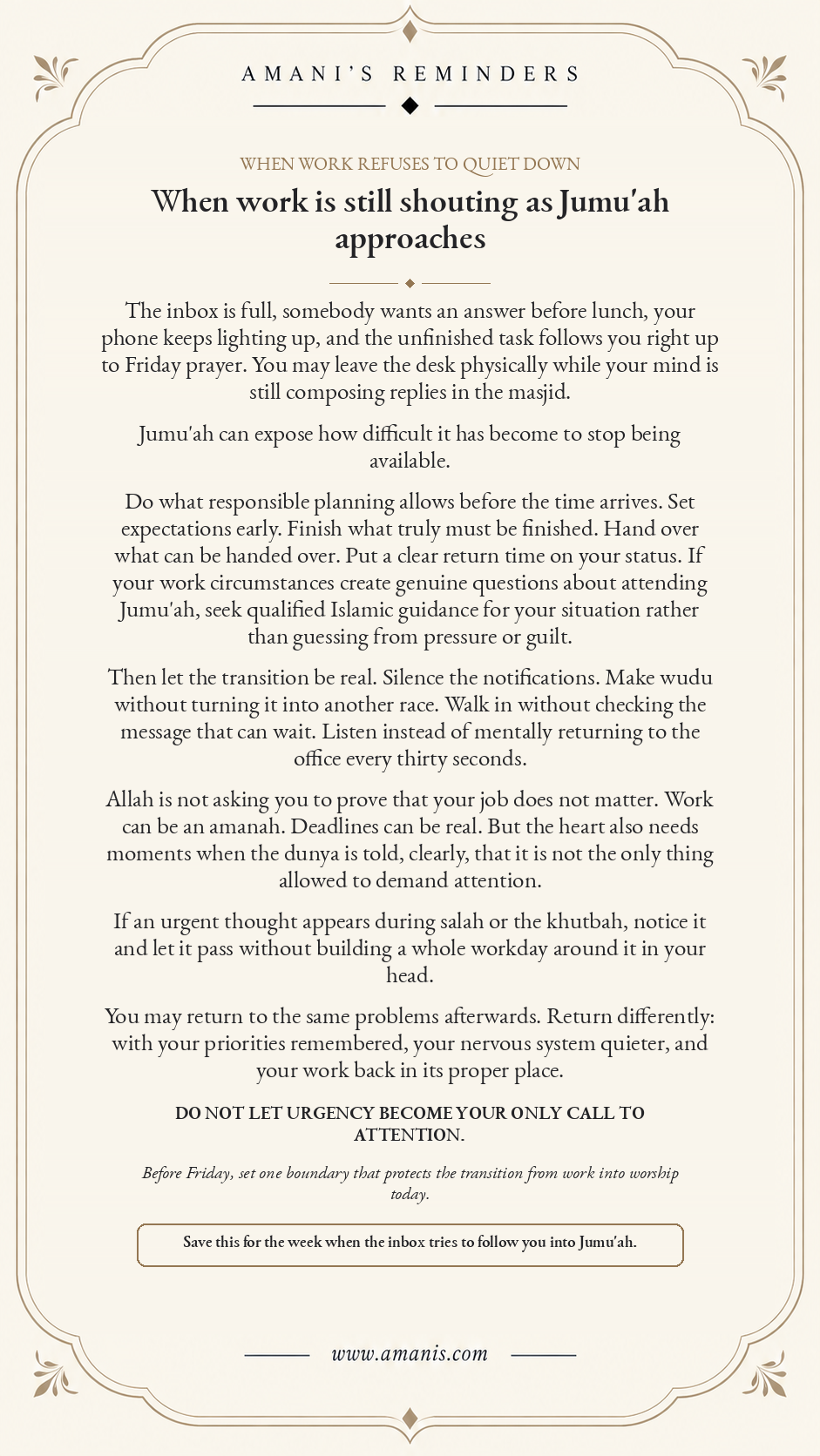 Cream Amani’s Reminders Jumu’ah poster about protecting Friday prayer from unfinished work and workplace urgency.