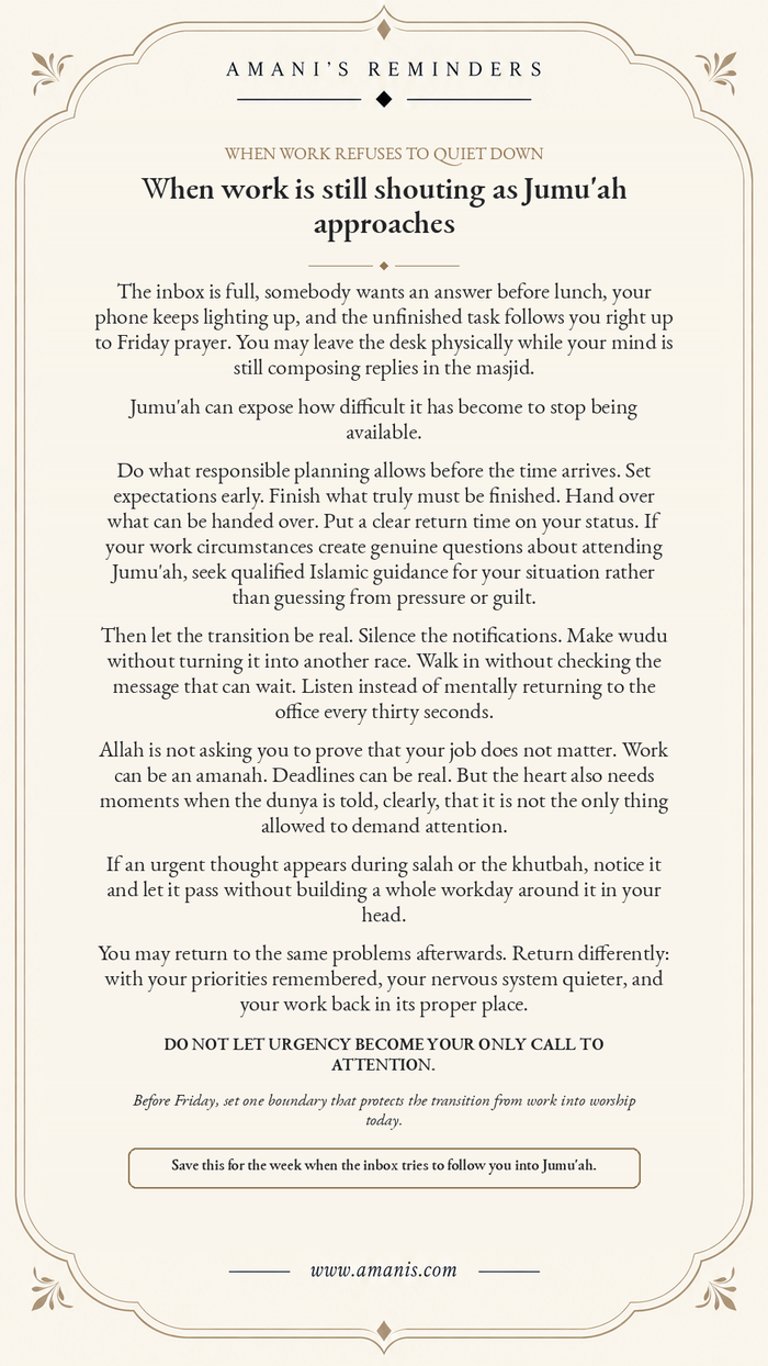 Cream Amani’s Reminders Jumu’ah poster about protecting Friday prayer from unfinished work and workplace urgency.