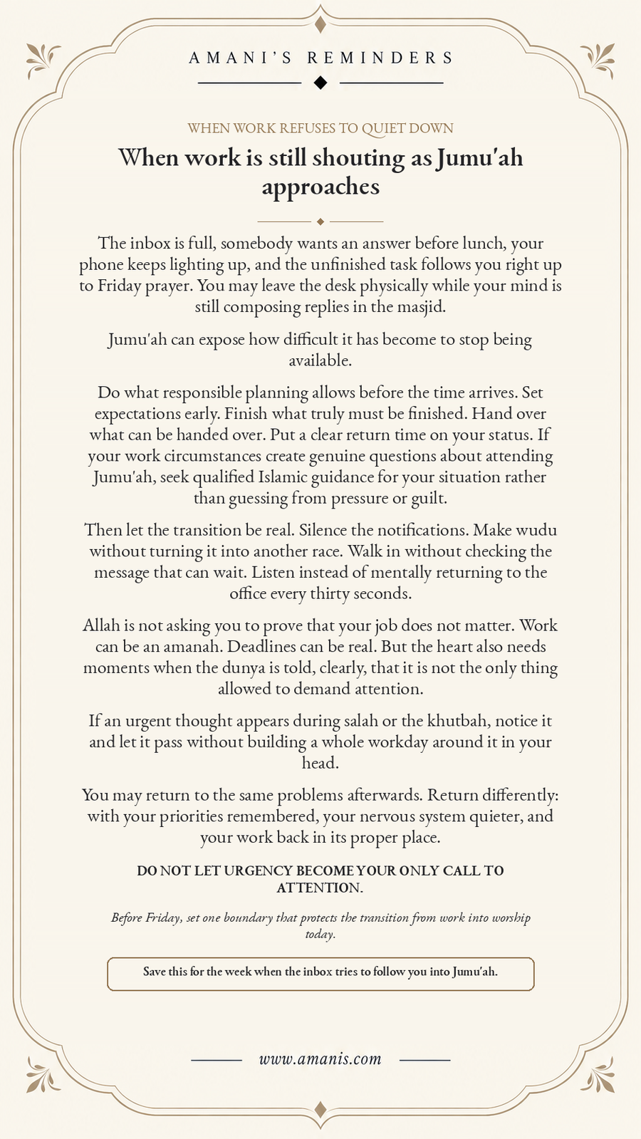 Cream Amani’s Reminders Jumu’ah poster about protecting Friday prayer from unfinished work and workplace urgency.