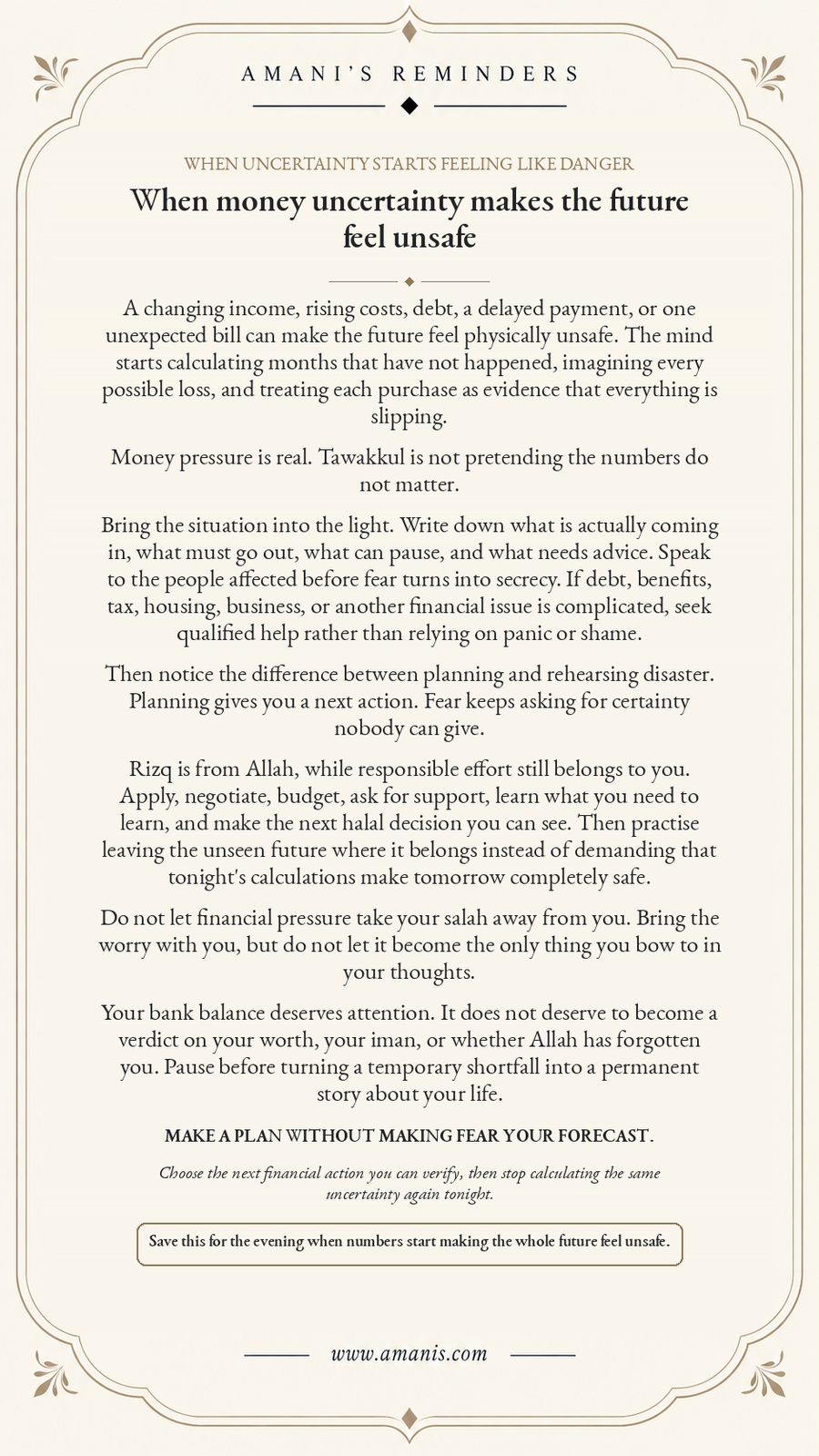 Cream Amani’s Reminders poster about money uncertainty, practical planning, rizq and tawakkul.