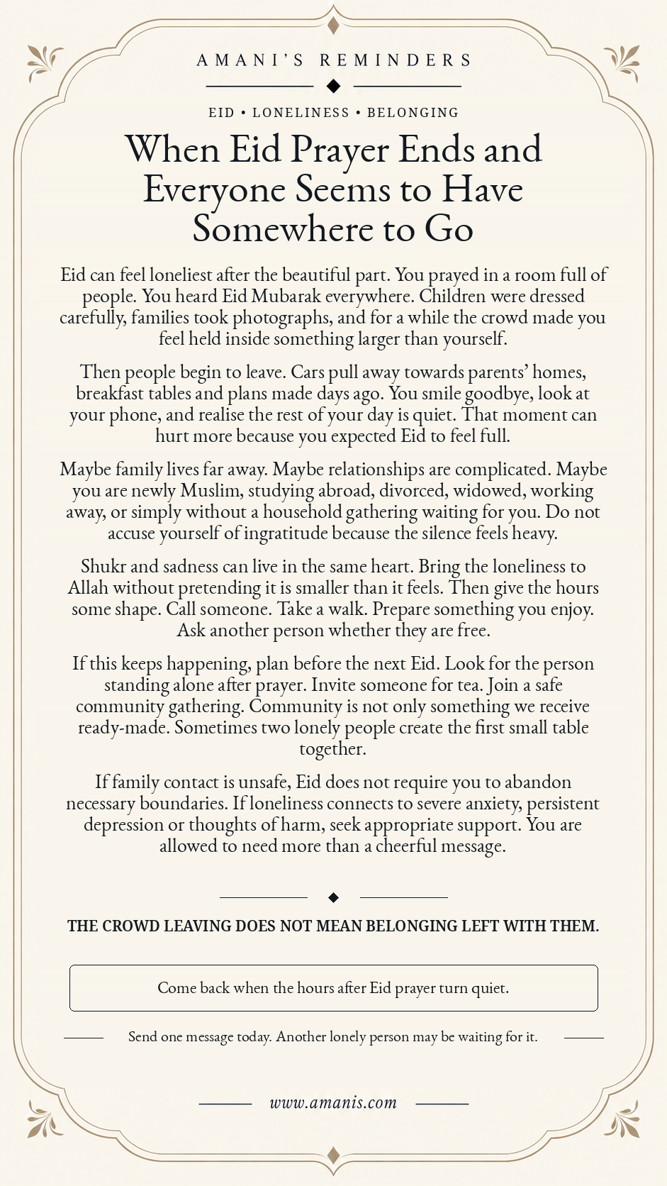 Amani’s Reminders poster about loneliness after Eid prayer and building gentle belonging without denying sadness.