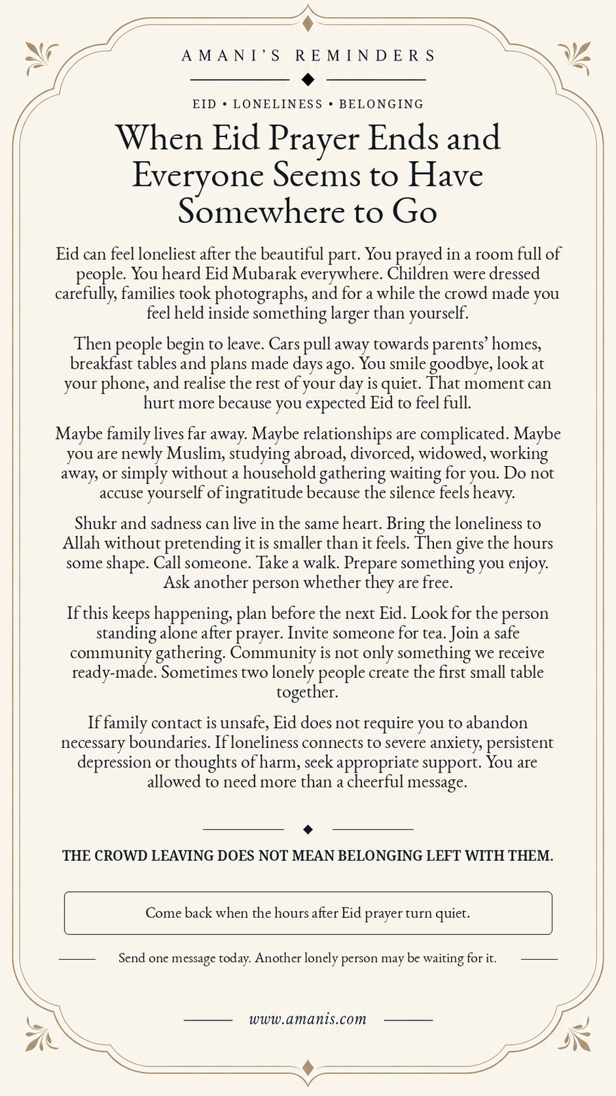 Amani’s Reminders poster about loneliness after Eid prayer and building gentle belonging without denying sadness.