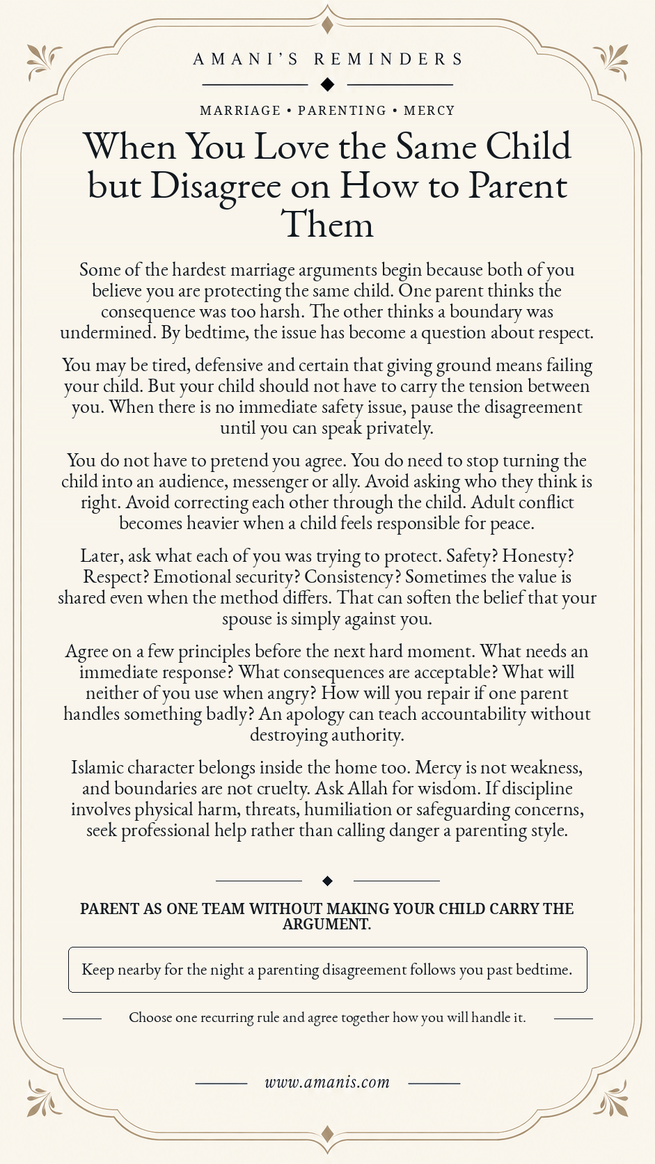 Amani’s Reminders poster about parenting disagreements, marital mercy and keeping children outside adult conflict.