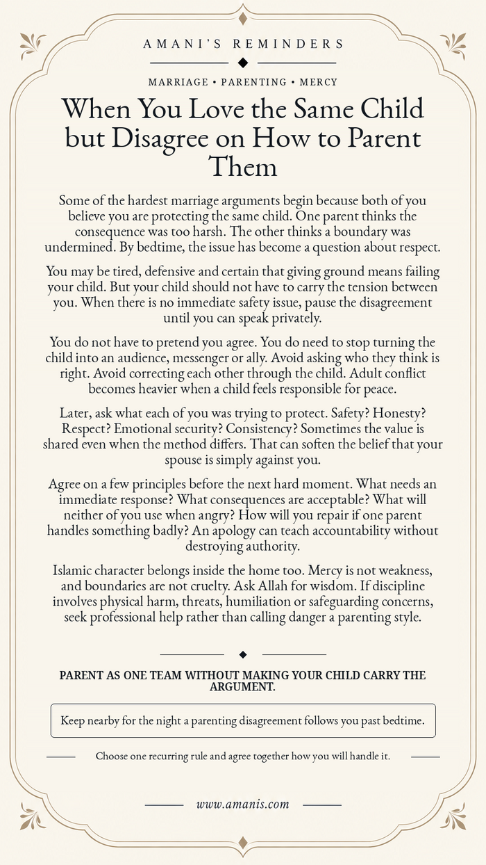 Amani’s Reminders poster about parenting disagreements, marital mercy and keeping children outside adult conflict.